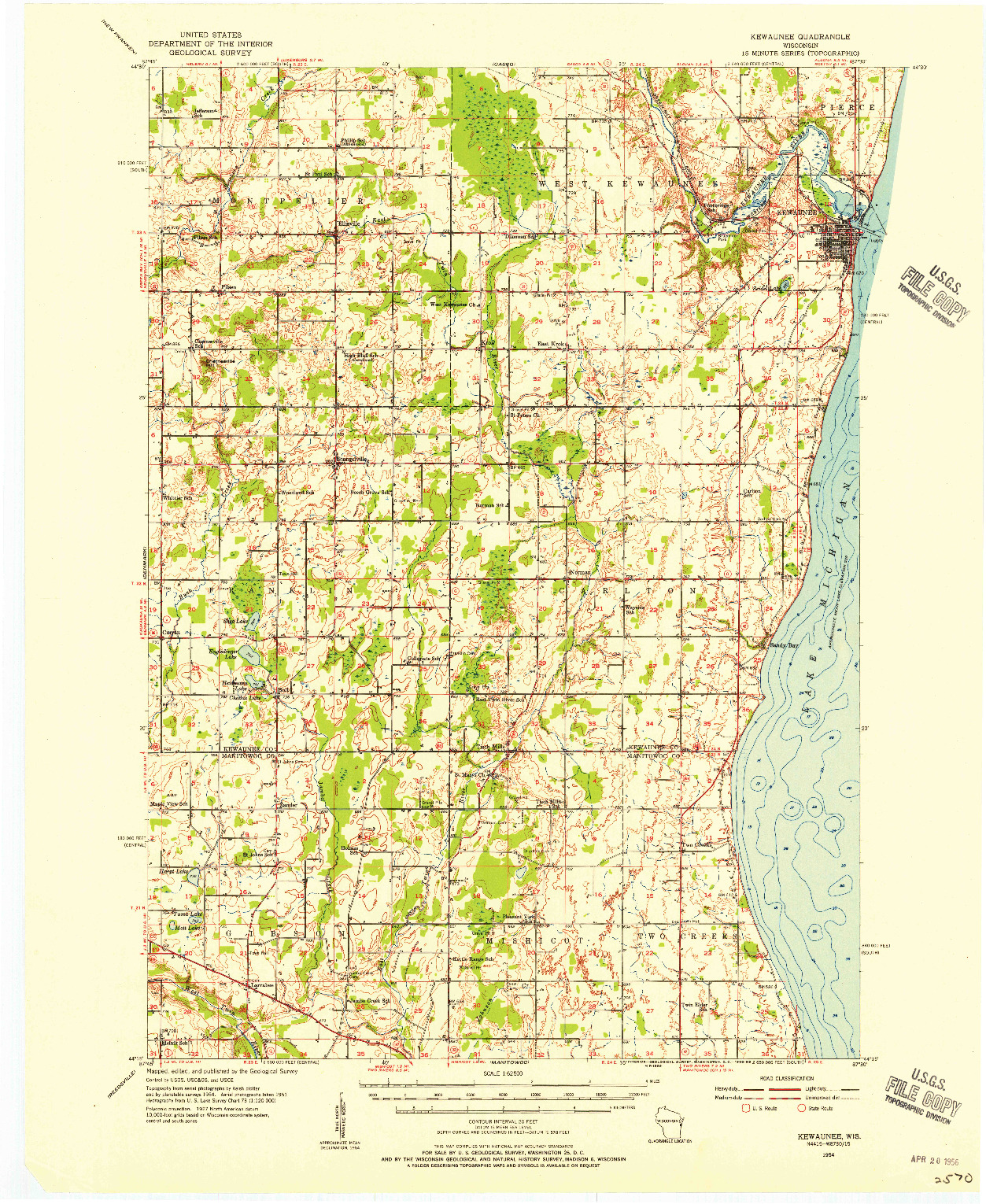 USGS 1:62500-SCALE QUADRANGLE FOR KEWAUNEE, WI 1954