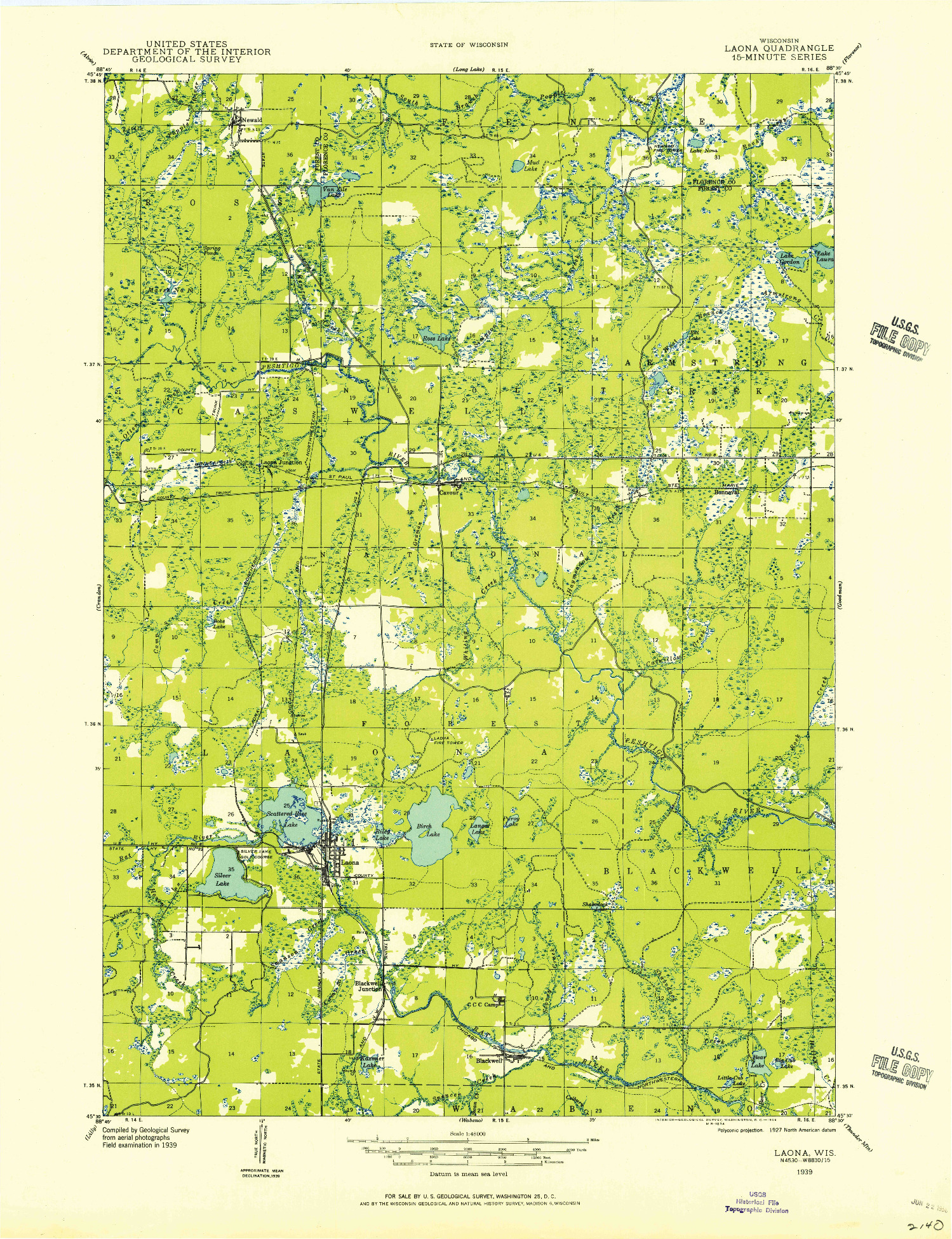 USGS 1:48000-SCALE QUADRANGLE FOR LAONA, WI 1939