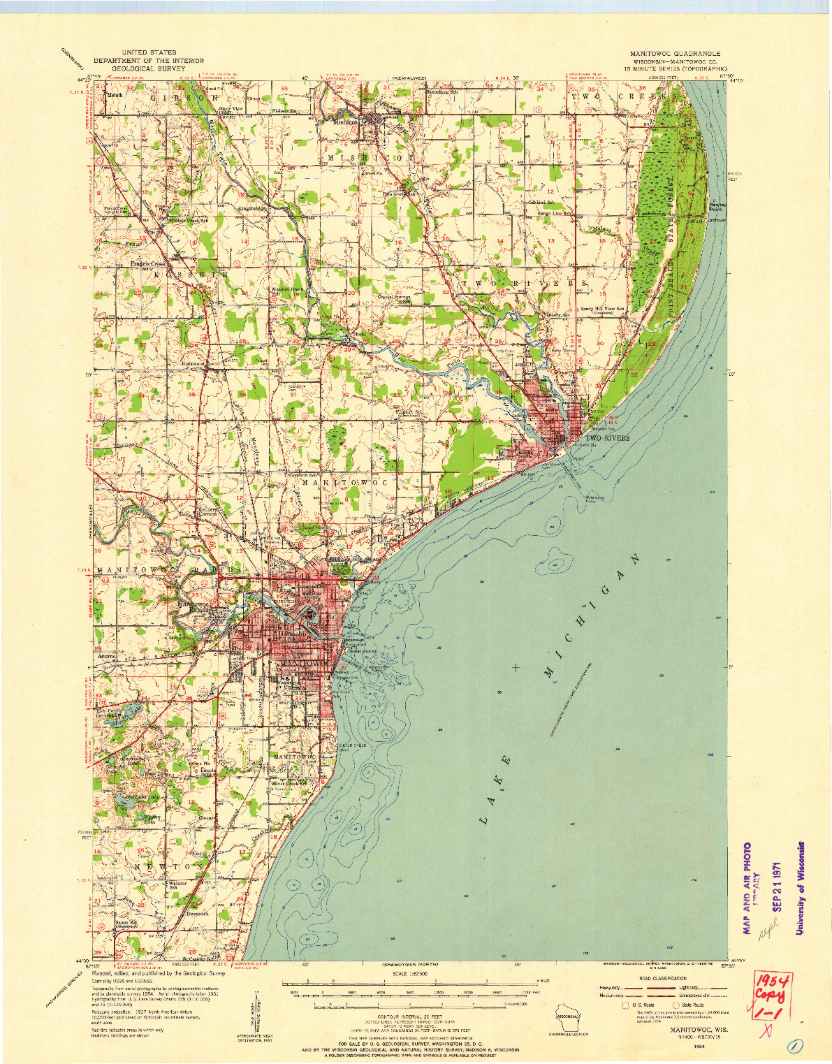 USGS 1:62500-SCALE QUADRANGLE FOR MANITOWOC, WI 1954