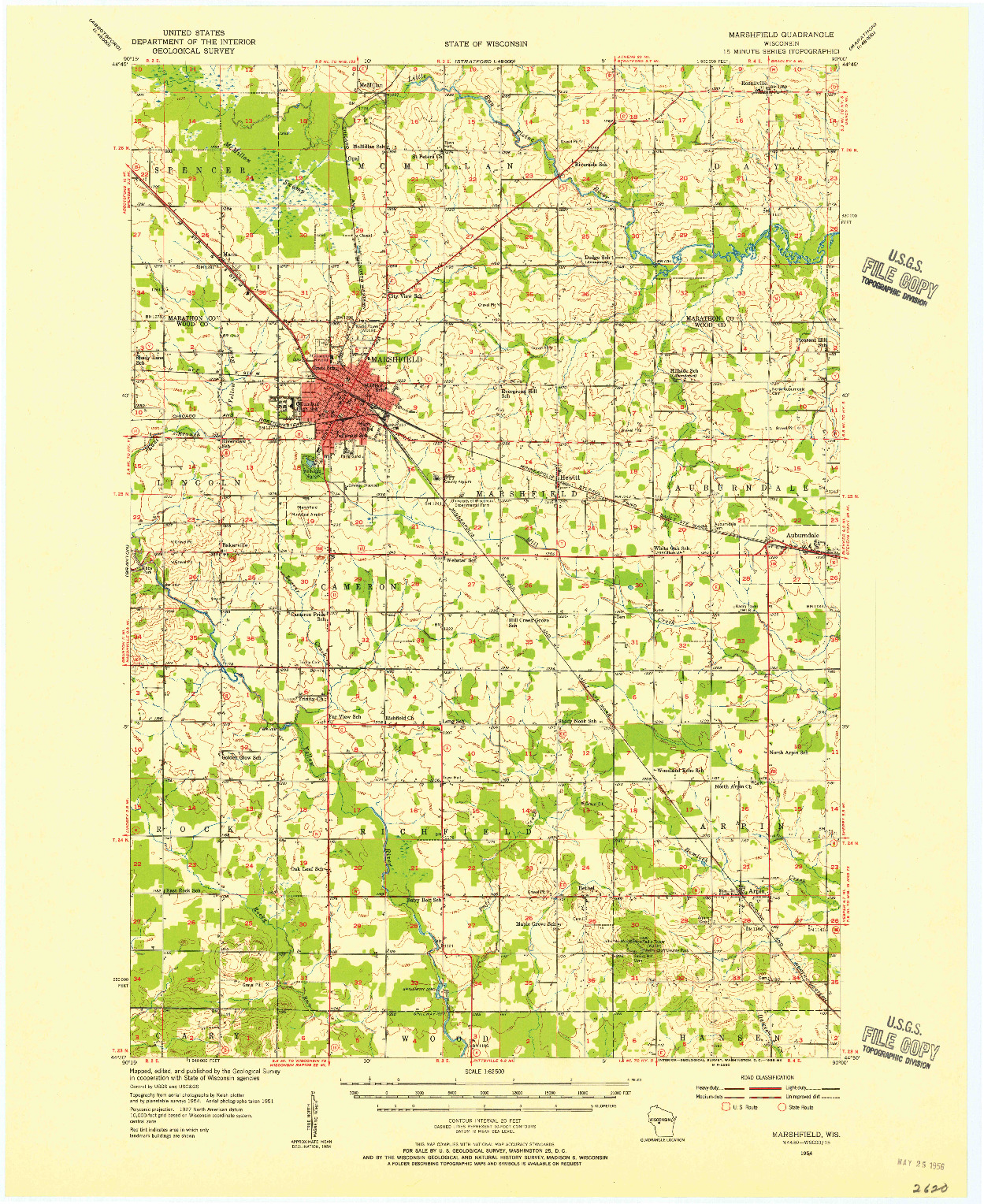 USGS 1:62500-SCALE QUADRANGLE FOR MARSHFIELD, WI 1954