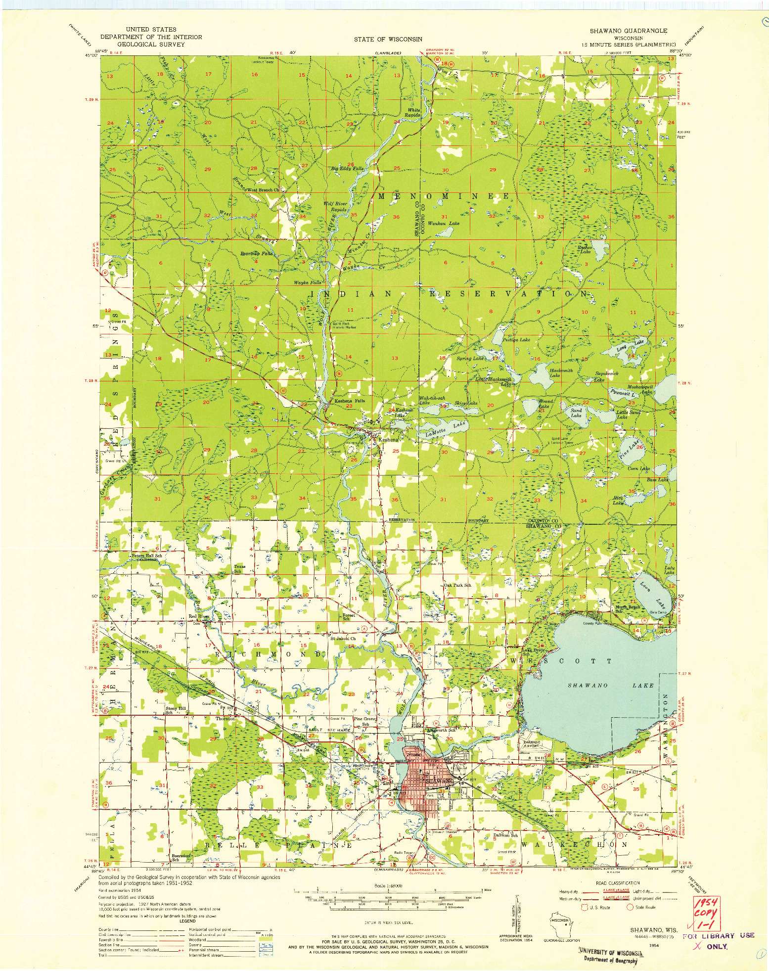 USGS 1:48000-SCALE QUADRANGLE FOR SHAWANO, WI 1954