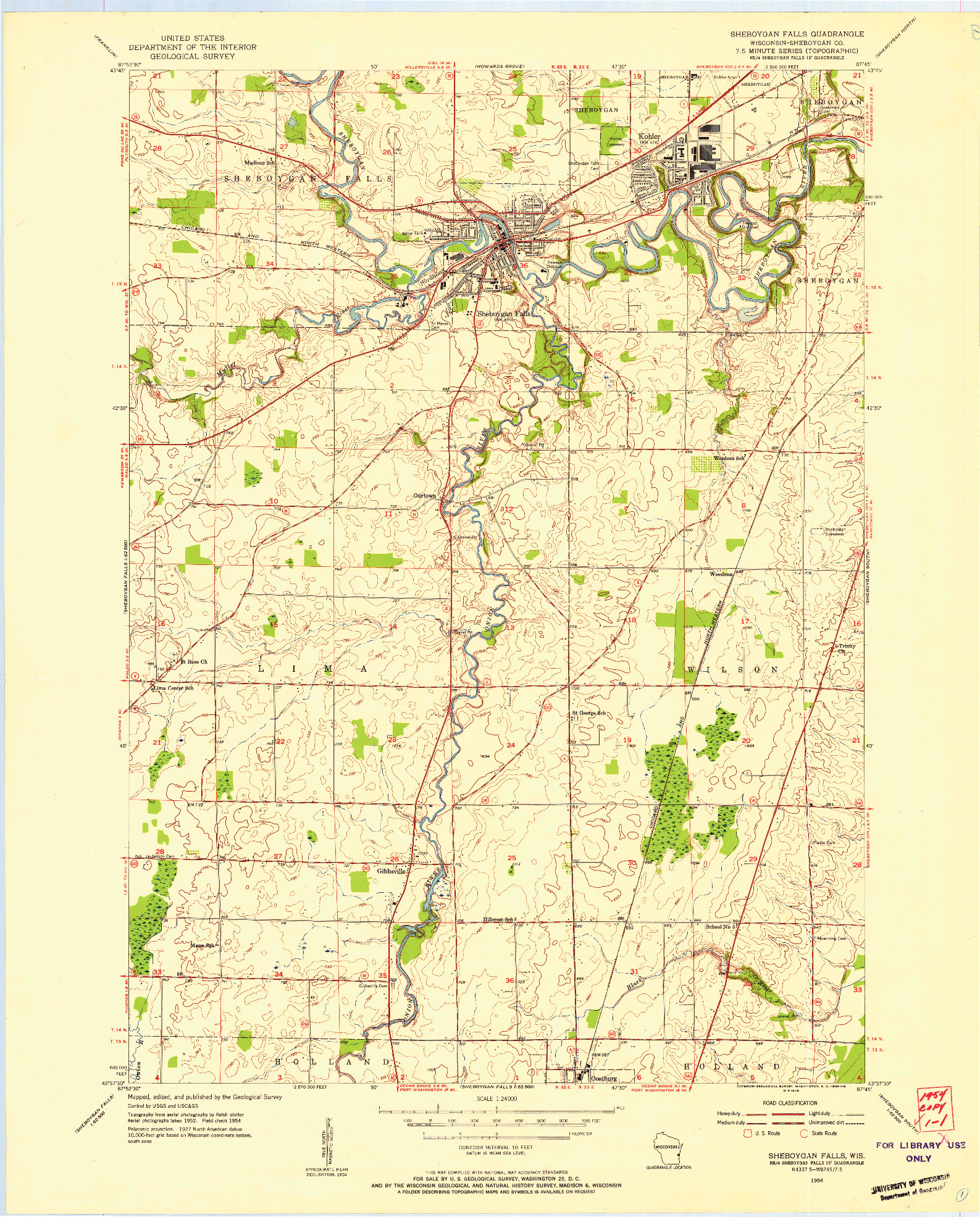 USGS 1:24000-SCALE QUADRANGLE FOR SHEBOYGAN FALLS, WI 1954