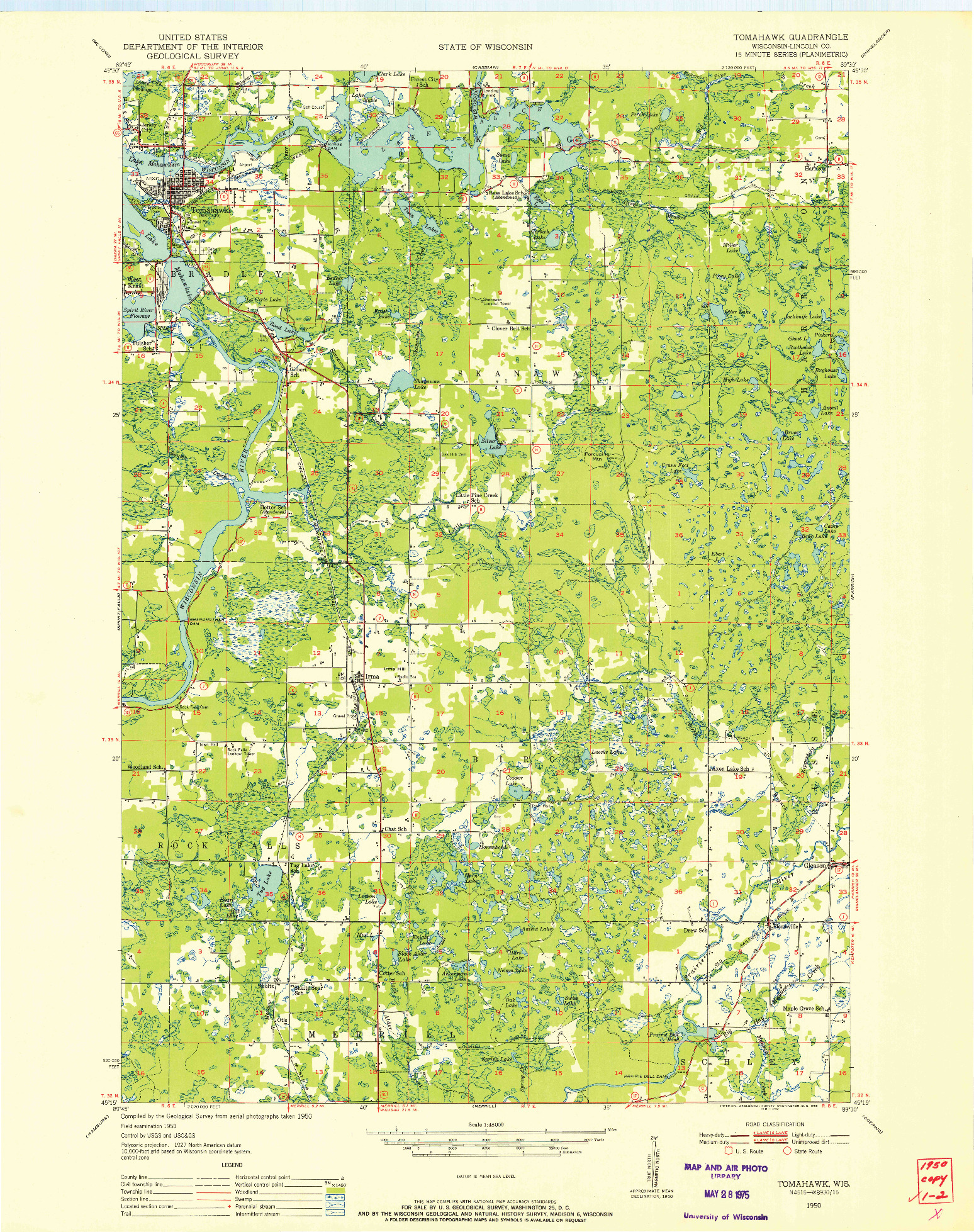 USGS 1:48000-SCALE QUADRANGLE FOR TOMAHAWK, WI 1950
