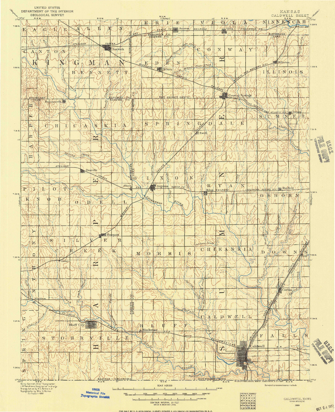 USGS 1:125000-SCALE QUADRANGLE FOR CALDWELL, KS 1889