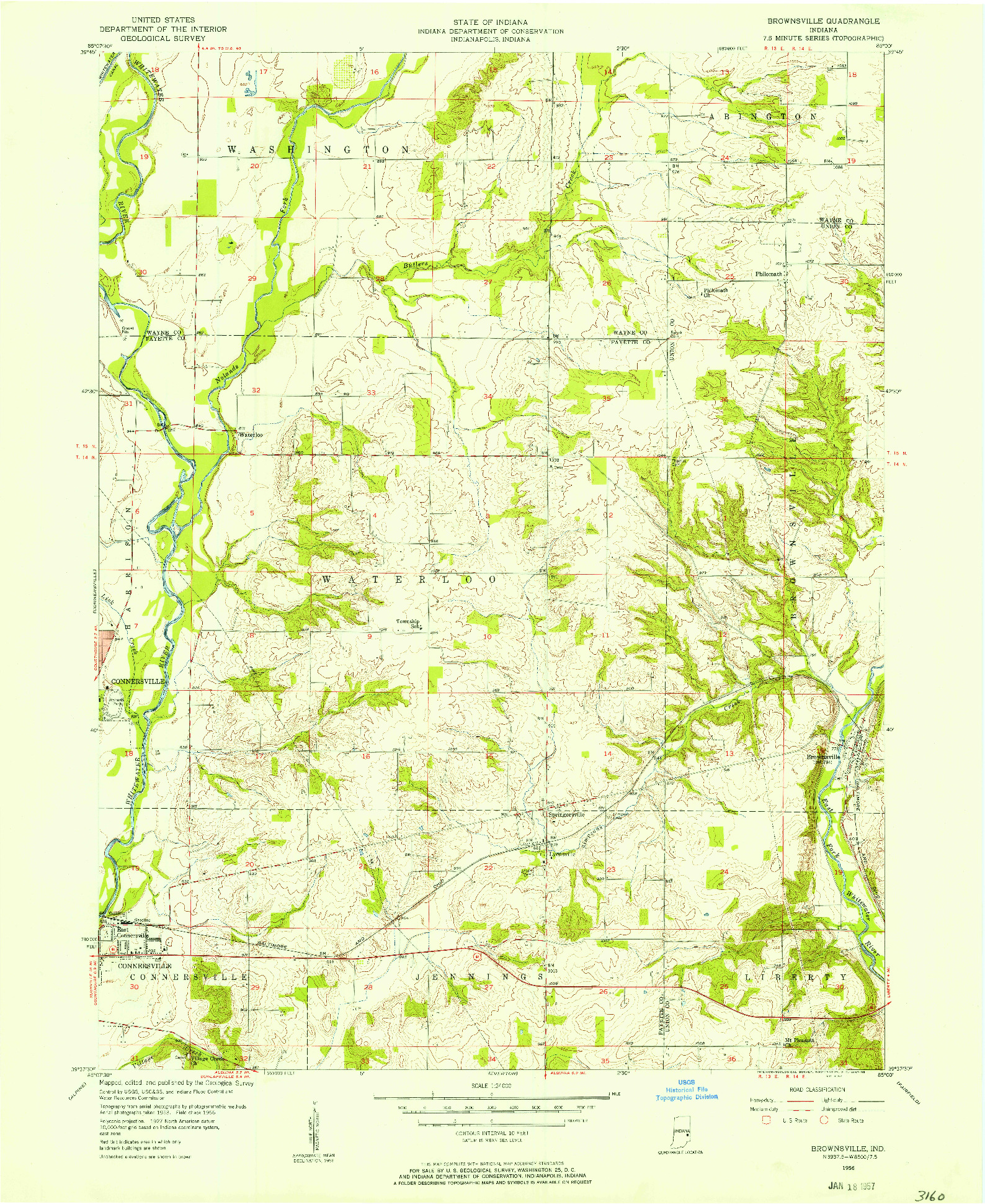 USGS 1:24000-SCALE QUADRANGLE FOR BROWNSVILLE, IN 1956