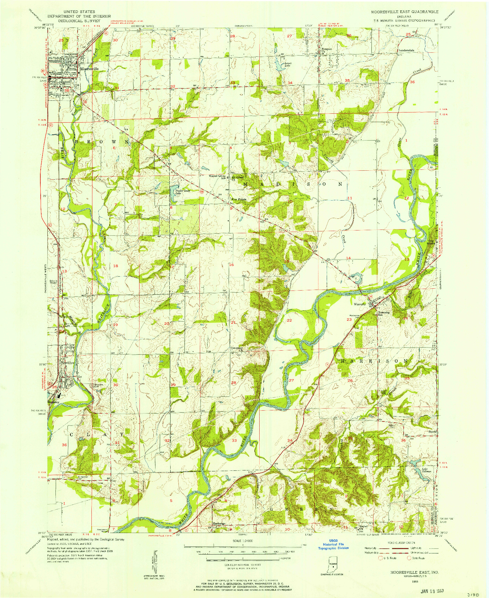 USGS 1:24000-SCALE QUADRANGLE FOR MOORESVILLE EAST, IN 1955