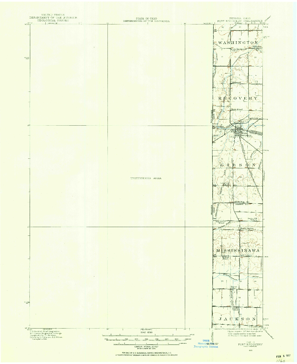 USGS 1:62500-SCALE QUADRANGLE FOR FORT RECOVERY, IN 1915
