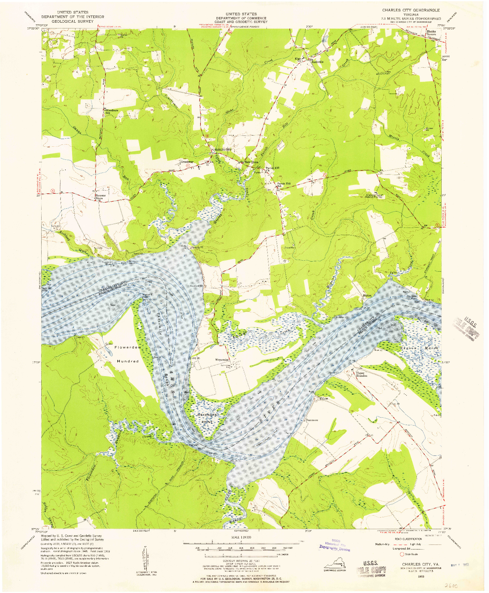 USGS 1:24000-SCALE QUADRANGLE FOR CHARLES CITY, VA 1953