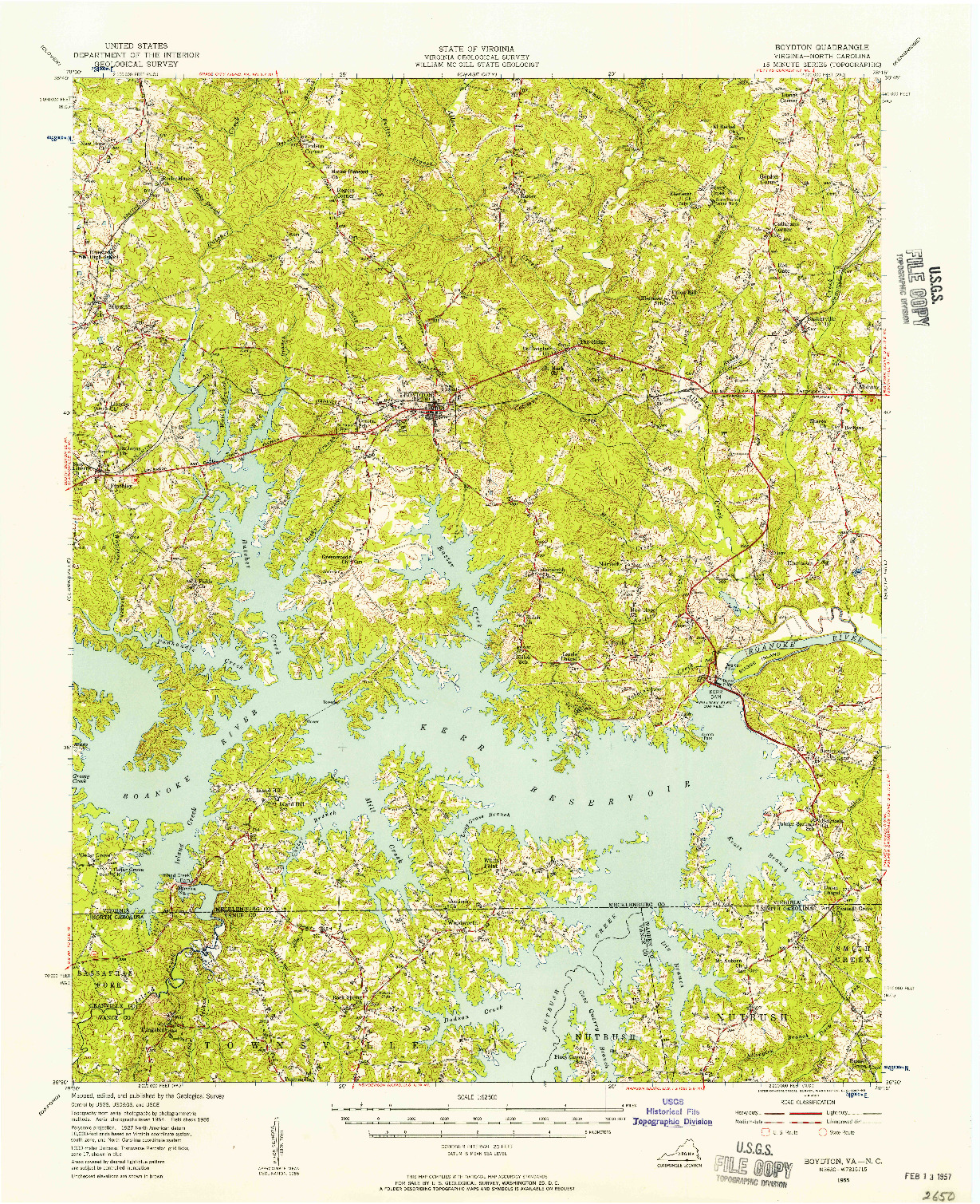 USGS 1:62500-SCALE QUADRANGLE FOR BOYDTON, VA 1955
