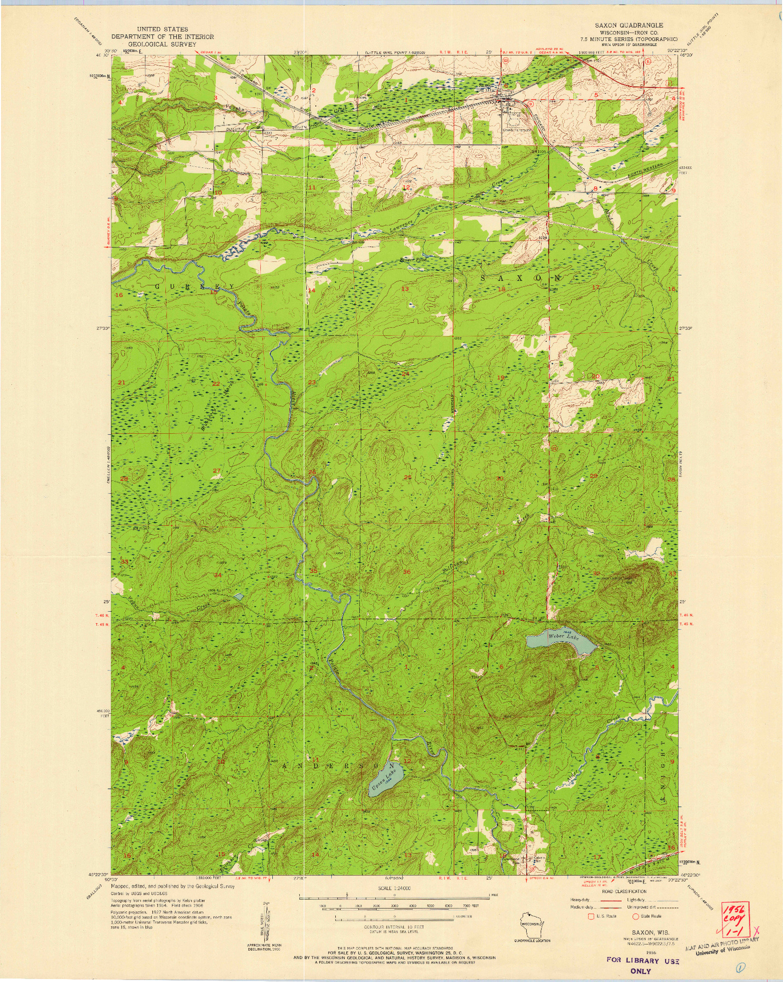 USGS 1:24000-SCALE QUADRANGLE FOR SAXON, WI 1956