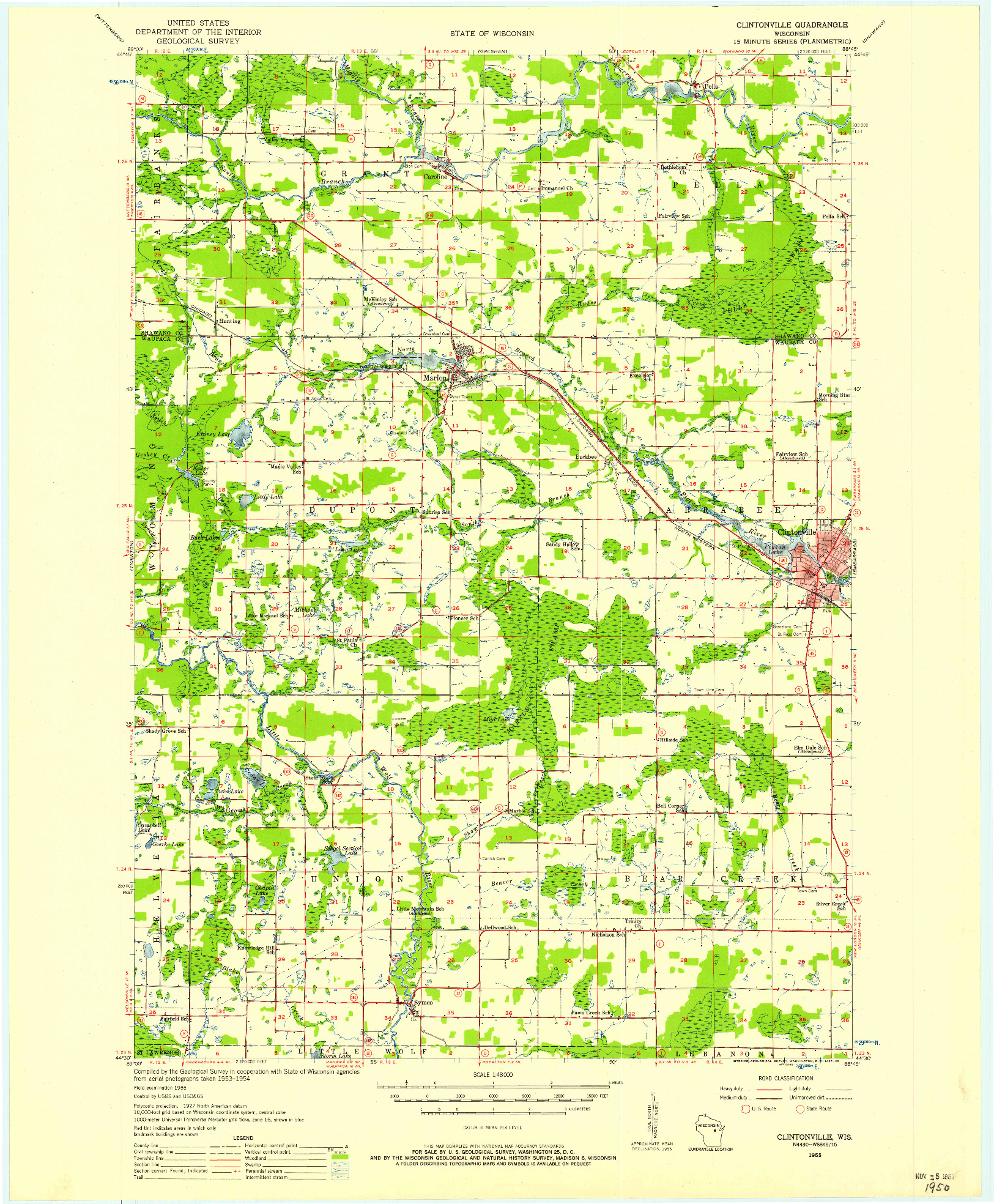 USGS 1:48000-SCALE QUADRANGLE FOR CLINTONVILLE, WI 1955