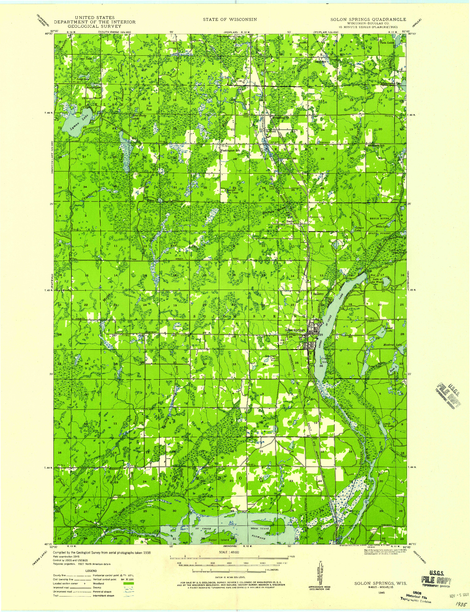USGS 1:48000-SCALE QUADRANGLE FOR SOLON SPRINGS, WI 1945
