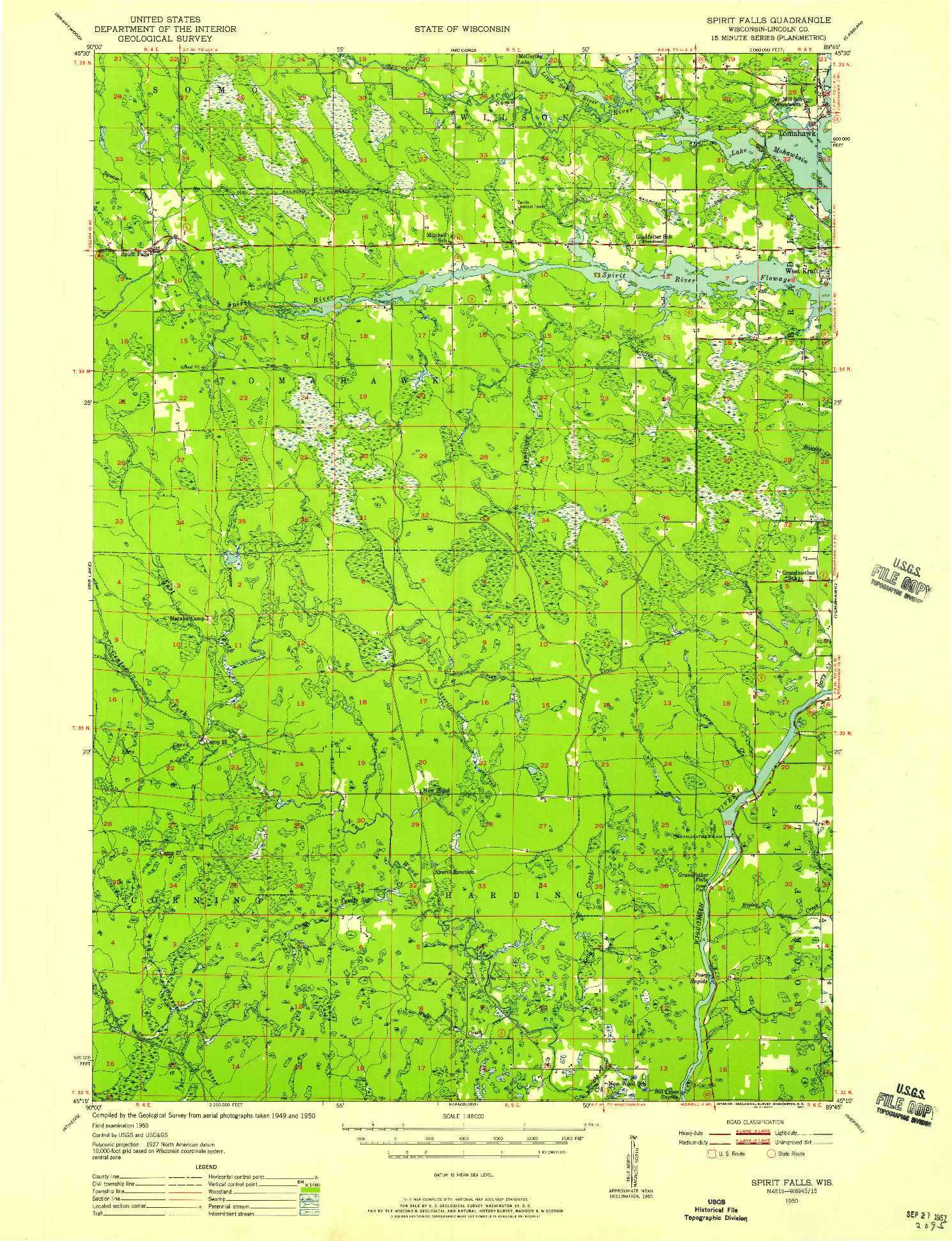 USGS 1:48000-SCALE QUADRANGLE FOR SPIRIT FALLS, WI 1950