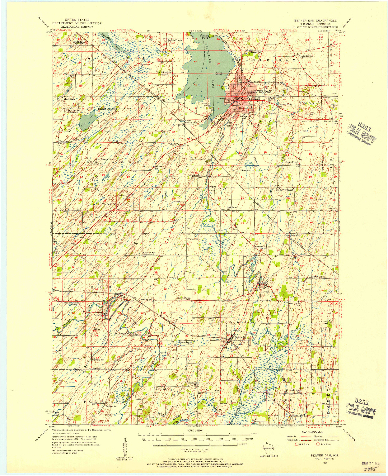 USGS 1:62500-SCALE QUADRANGLE FOR BEAVER DAM, WI 1955
