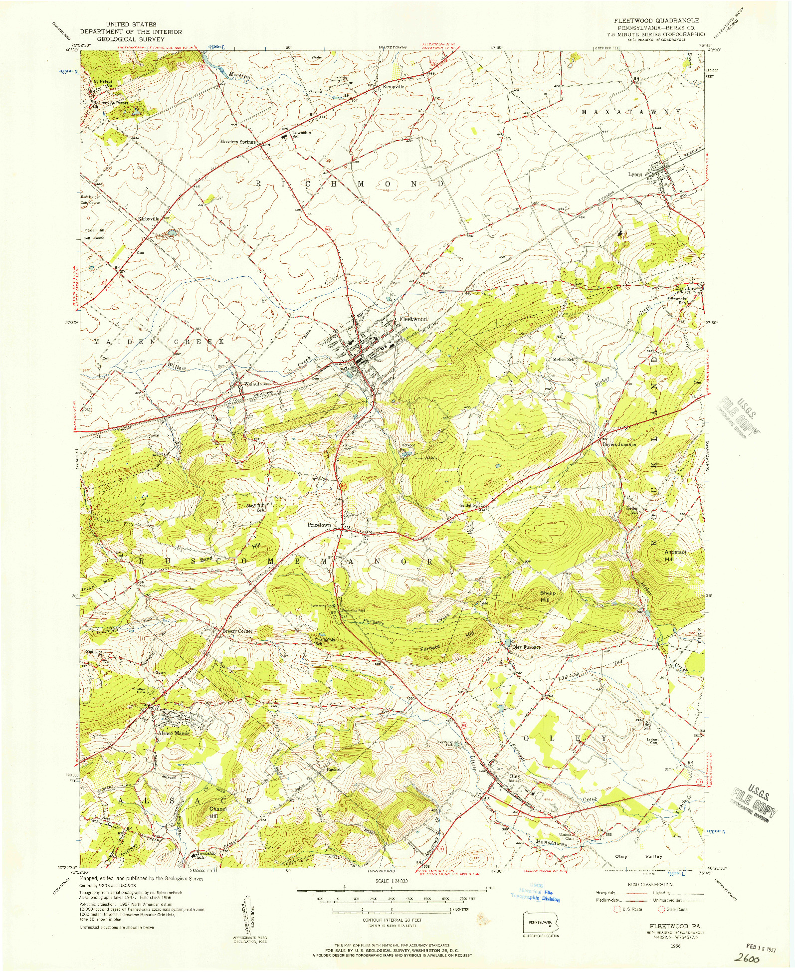 USGS 1:24000-SCALE QUADRANGLE FOR FLEETWOOD, PA 1956