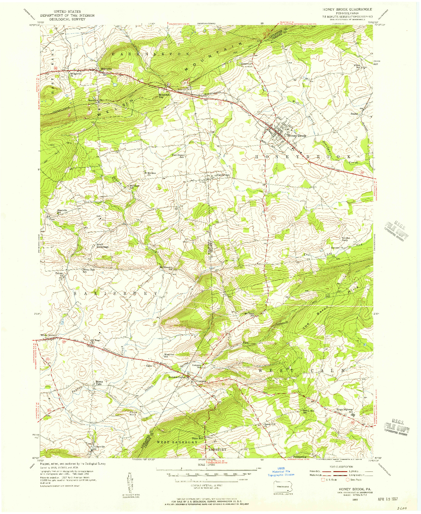 USGS 1:24000-SCALE QUADRANGLE FOR HONEY BROOK, PA 1955