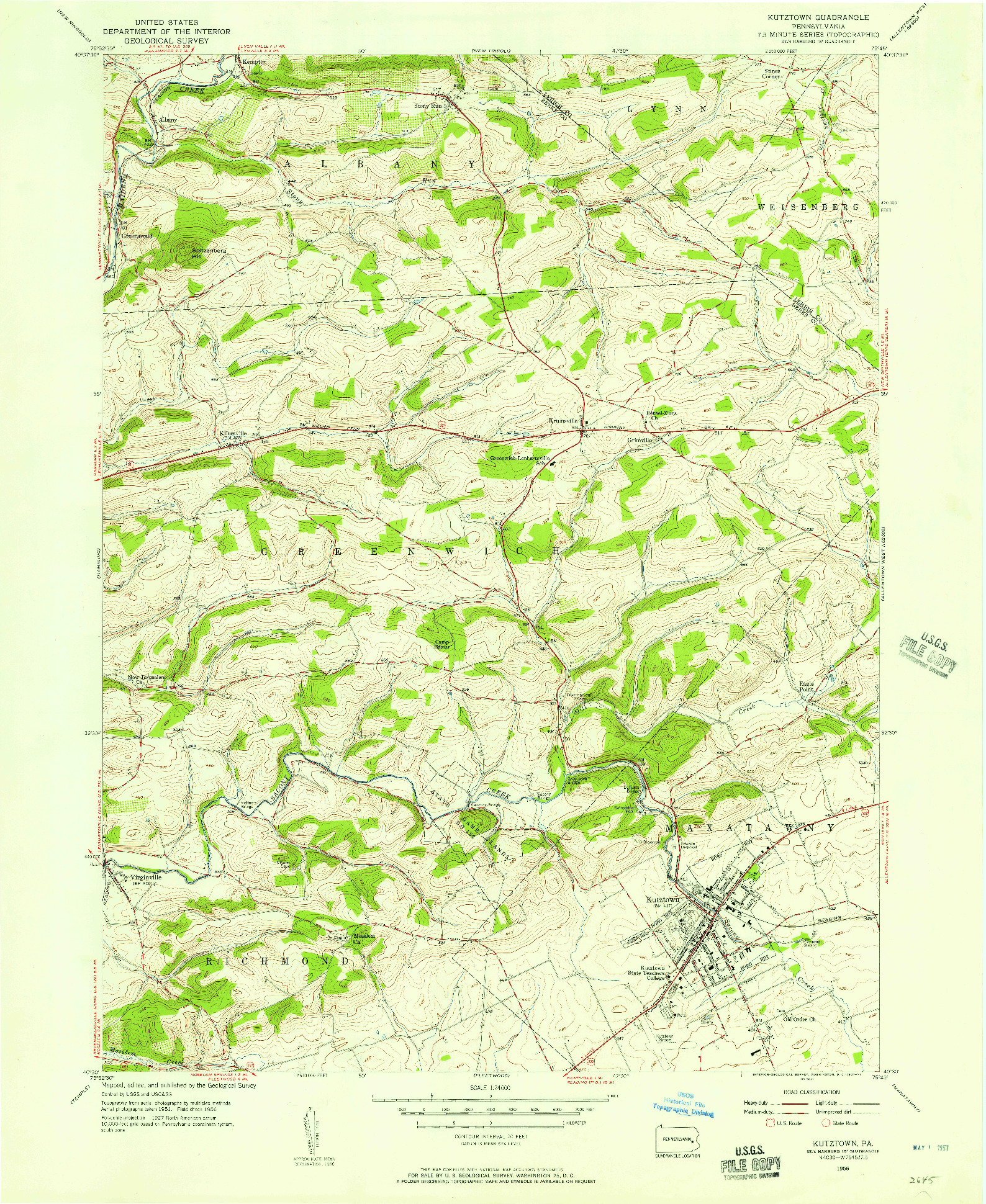 USGS 1:24000-SCALE QUADRANGLE FOR KUTZTOWN, PA 1956