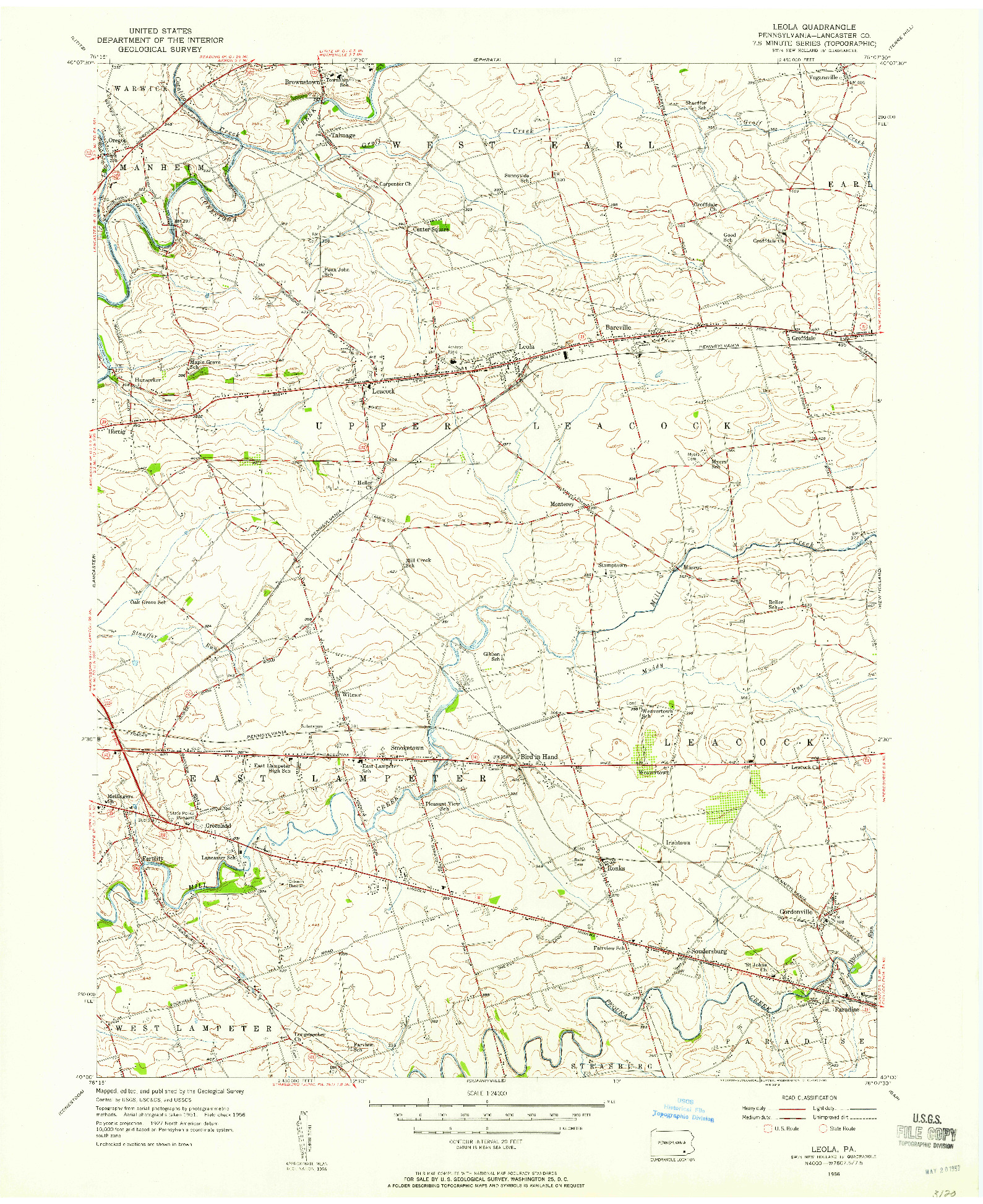 USGS 1:24000-SCALE QUADRANGLE FOR LEOLA, PA 1956