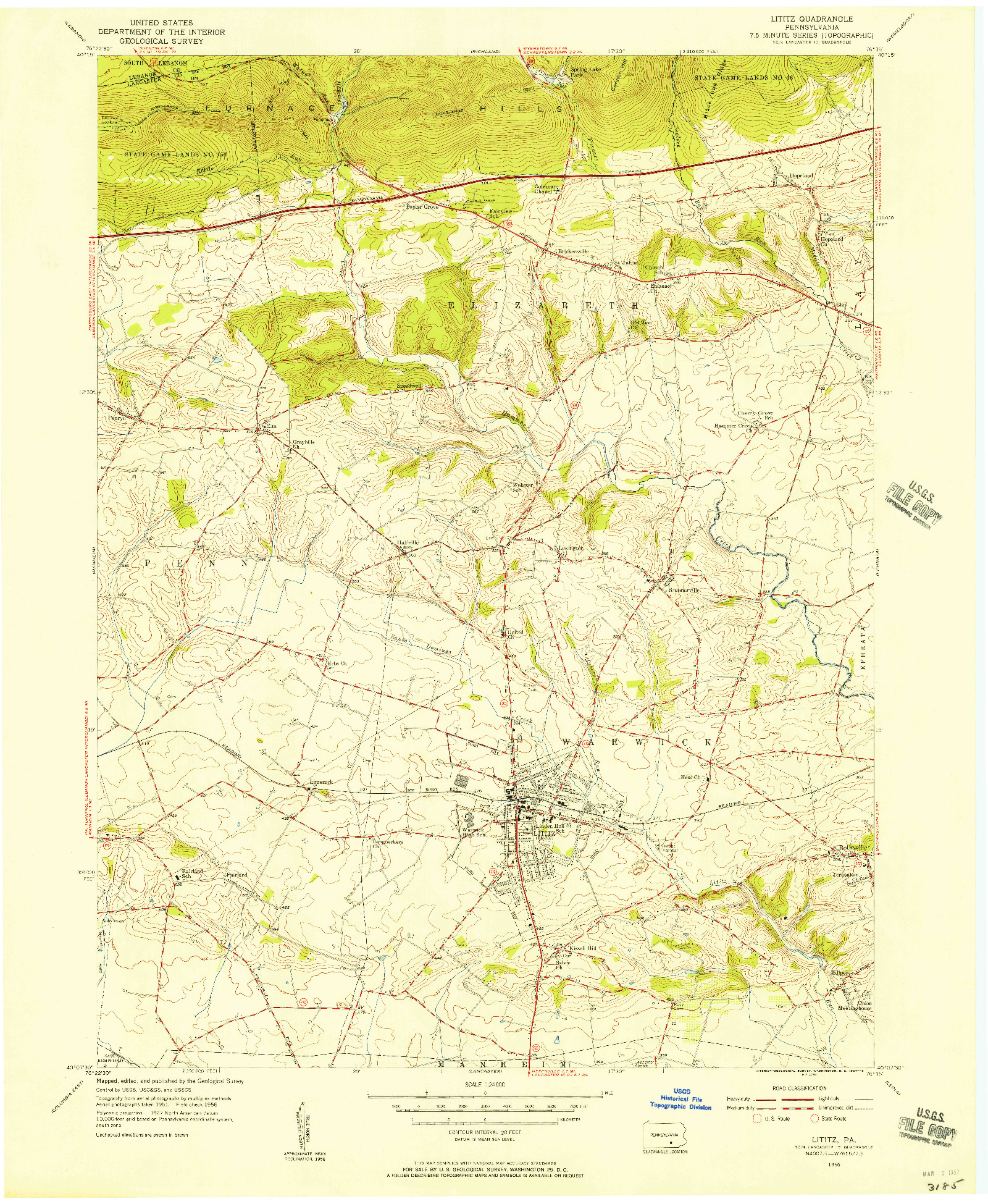 USGS 1:24000-SCALE QUADRANGLE FOR LITITZ, PA 1956