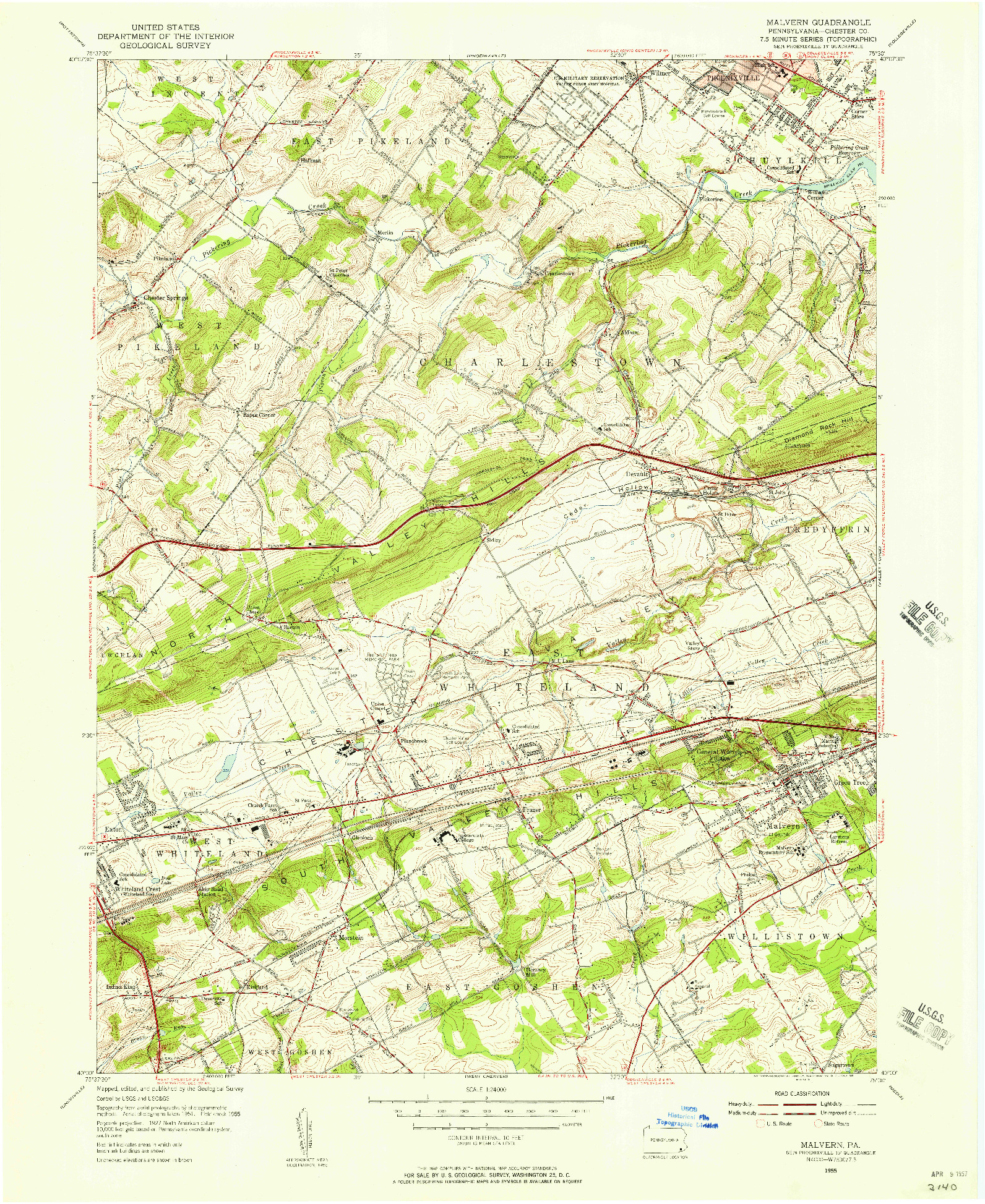 USGS 1:24000-SCALE QUADRANGLE FOR MALVERN, PA 1955