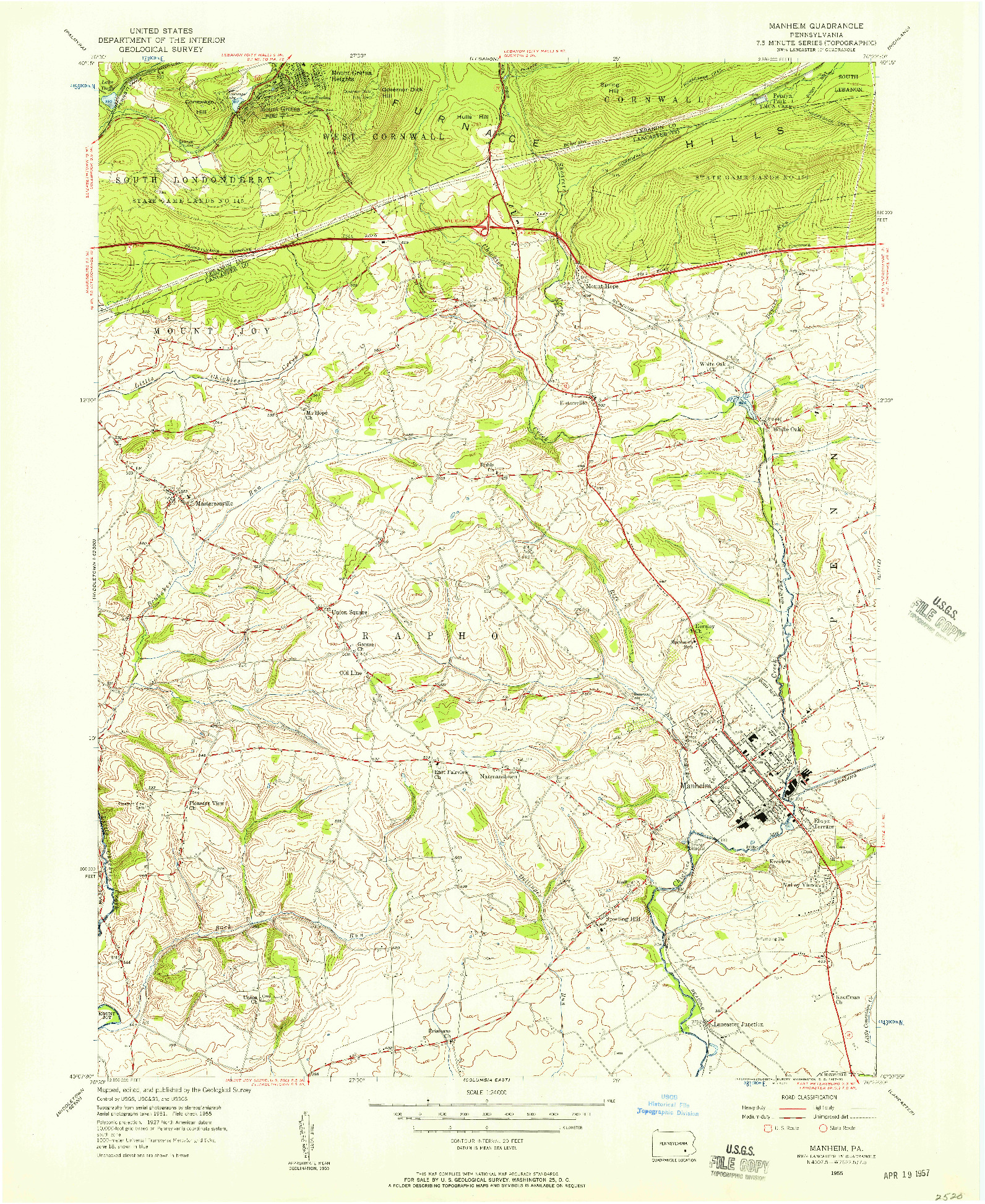 USGS 1:24000-SCALE QUADRANGLE FOR MANHEIM, PA 1955