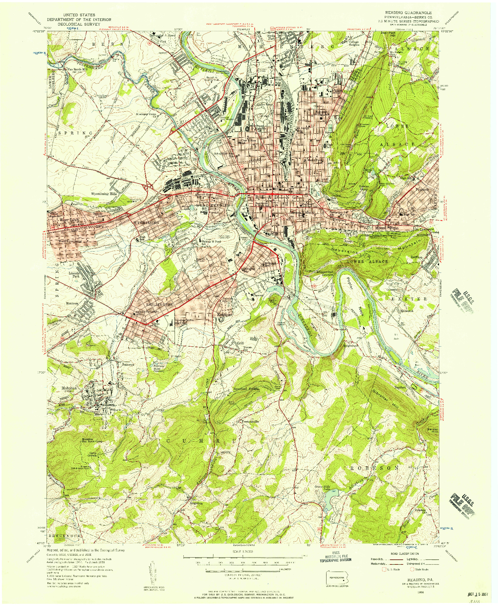 USGS 1:24000-SCALE QUADRANGLE FOR READING, PA 1956