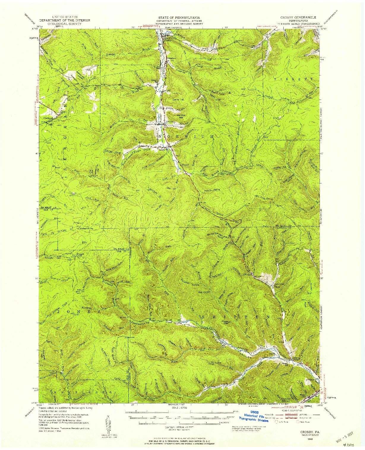 USGS 1:62500-SCALE QUADRANGLE FOR CROSBY, PA 1948