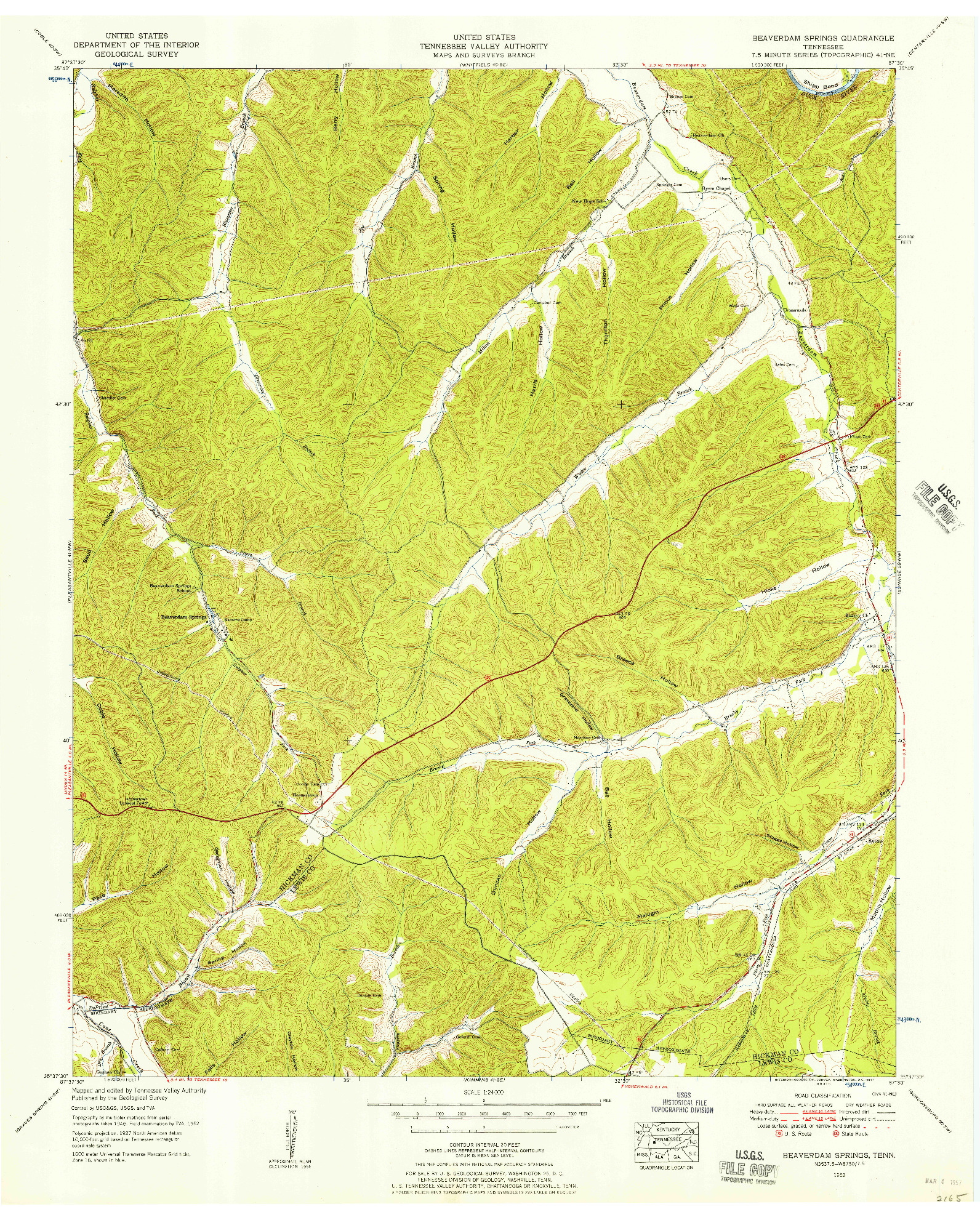 USGS 1:24000-SCALE QUADRANGLE FOR BEAVERDAM SPRINGS, TN 1952