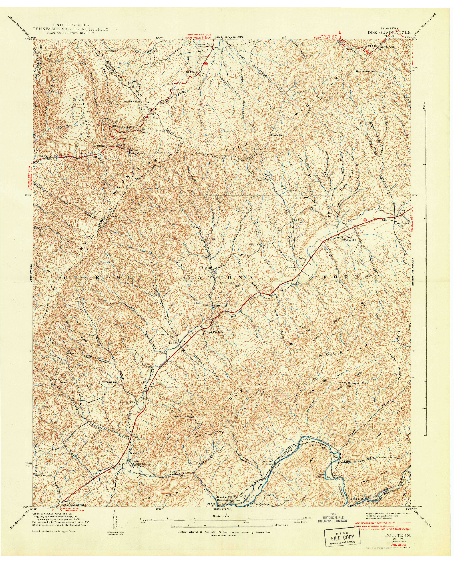 USGS 1:24000-SCALE QUADRANGLE FOR DOE, TN 1938