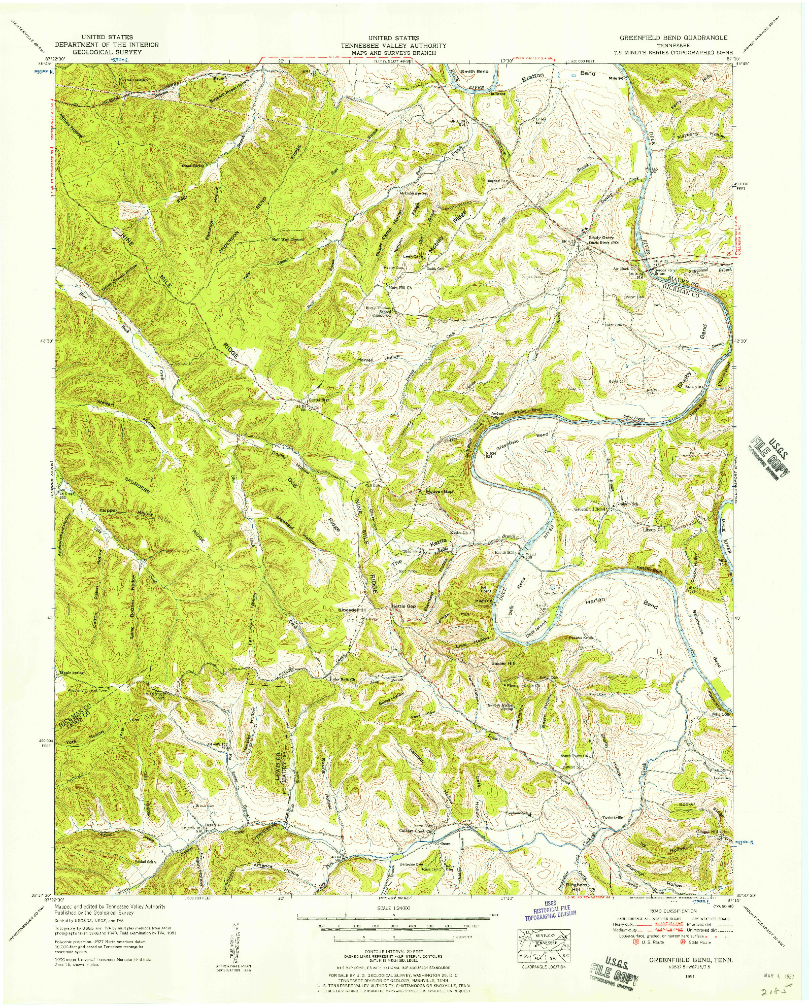 USGS 1:24000-SCALE QUADRANGLE FOR GREENFIELD BEND, TN 1951