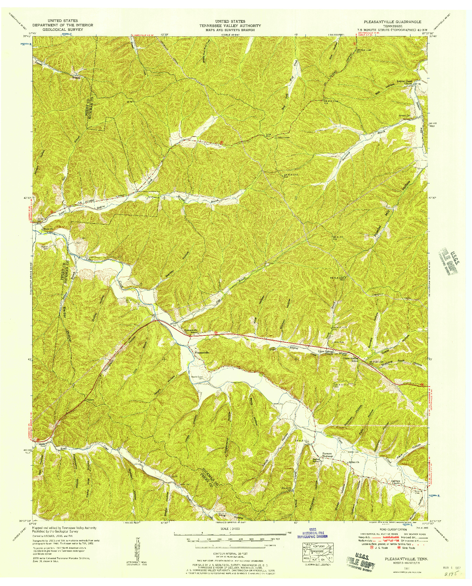 USGS 1:24000-SCALE QUADRANGLE FOR PLEASANTVILLE, TN 1951