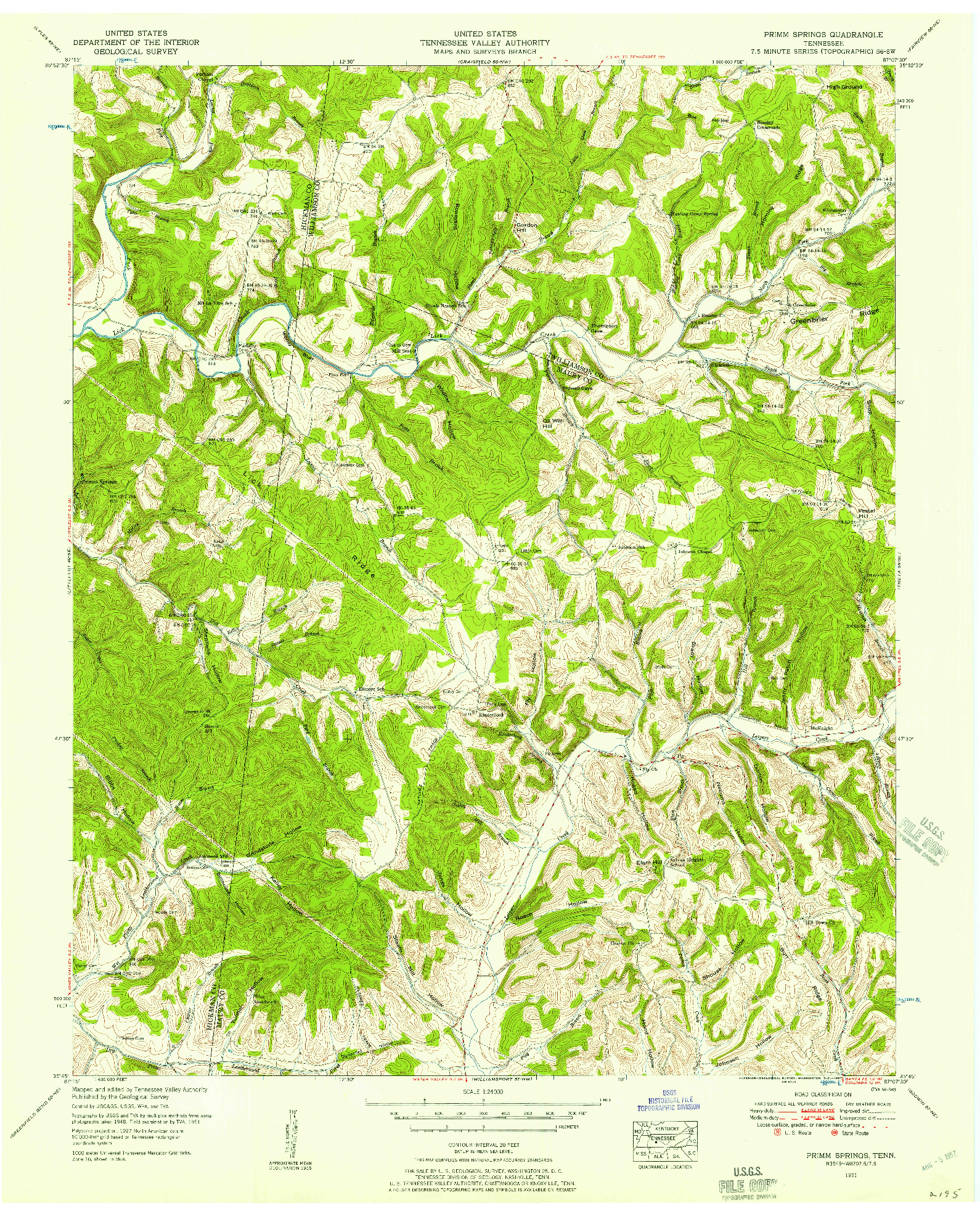 USGS 1:24000-SCALE QUADRANGLE FOR PRIMM SPRINGS, TN 1951