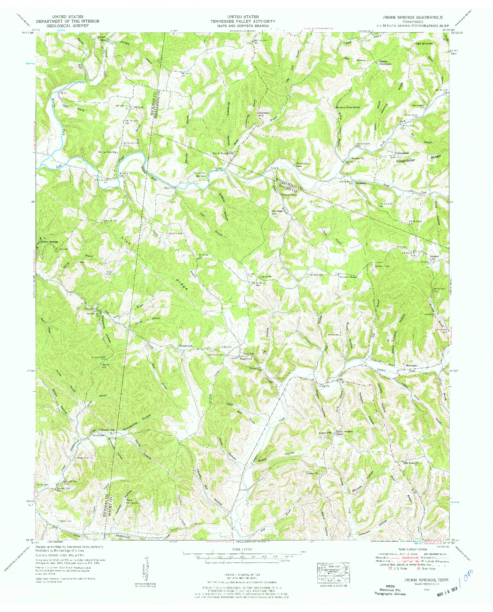 USGS 1:24000-SCALE QUADRANGLE FOR PRIMM SPRINGS, TN 1951
