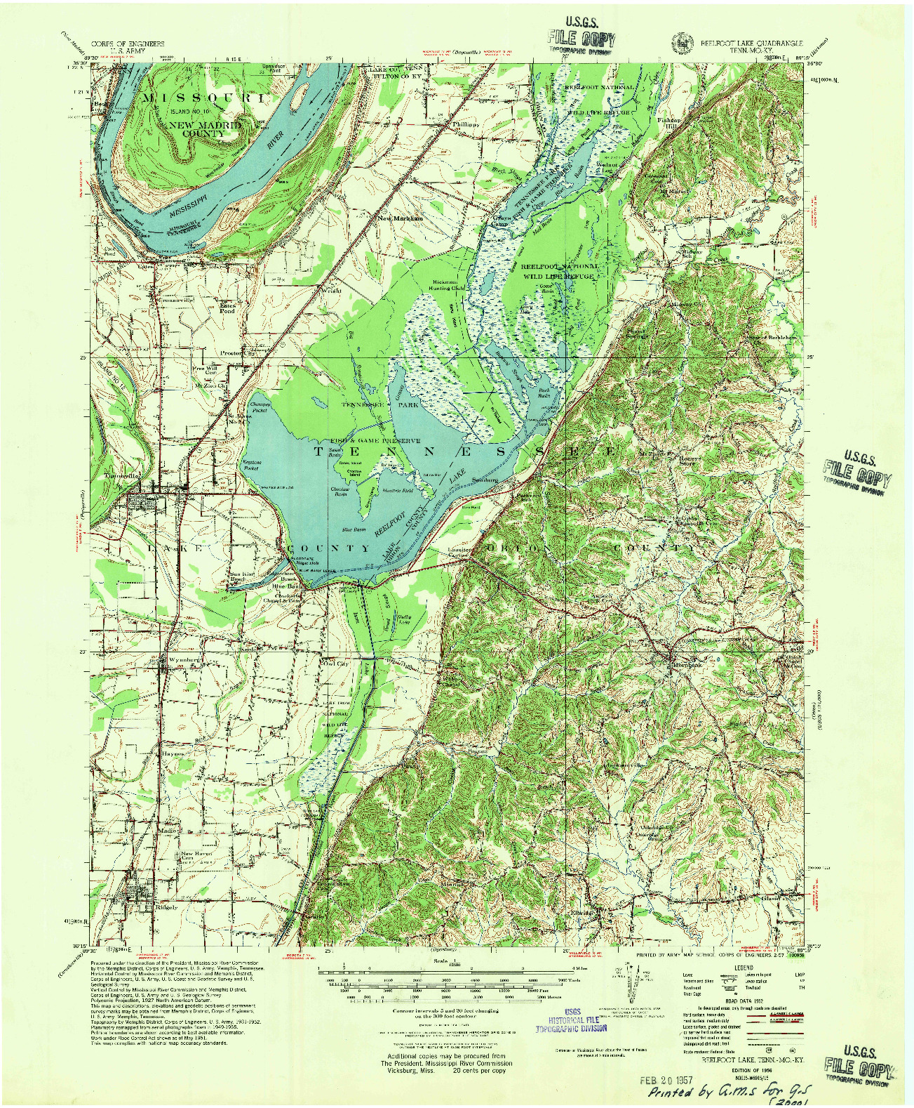USGS 1:62500-SCALE QUADRANGLE FOR REELFOOT LAKE, TN 1956