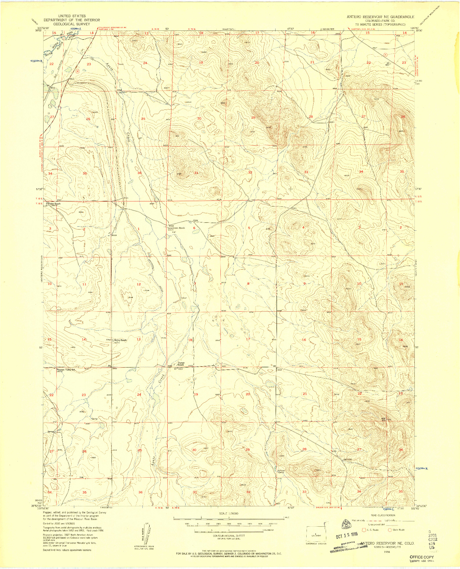 USGS 1:24000-SCALE QUADRANGLE FOR ANTERO RESERVOIR NE, CO 1956