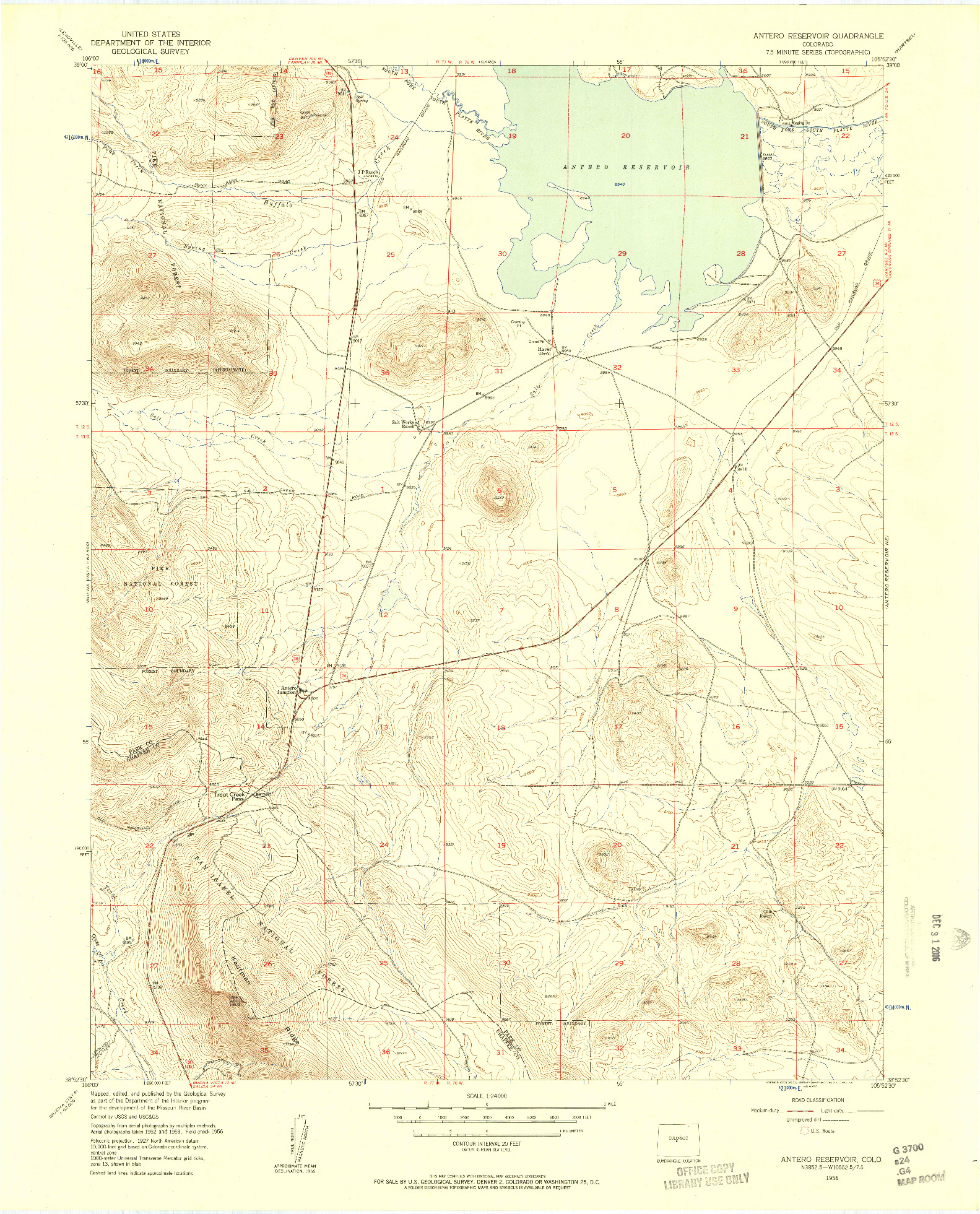 USGS 1:24000-SCALE QUADRANGLE FOR ANTERO RESERVOIR, CO 1956