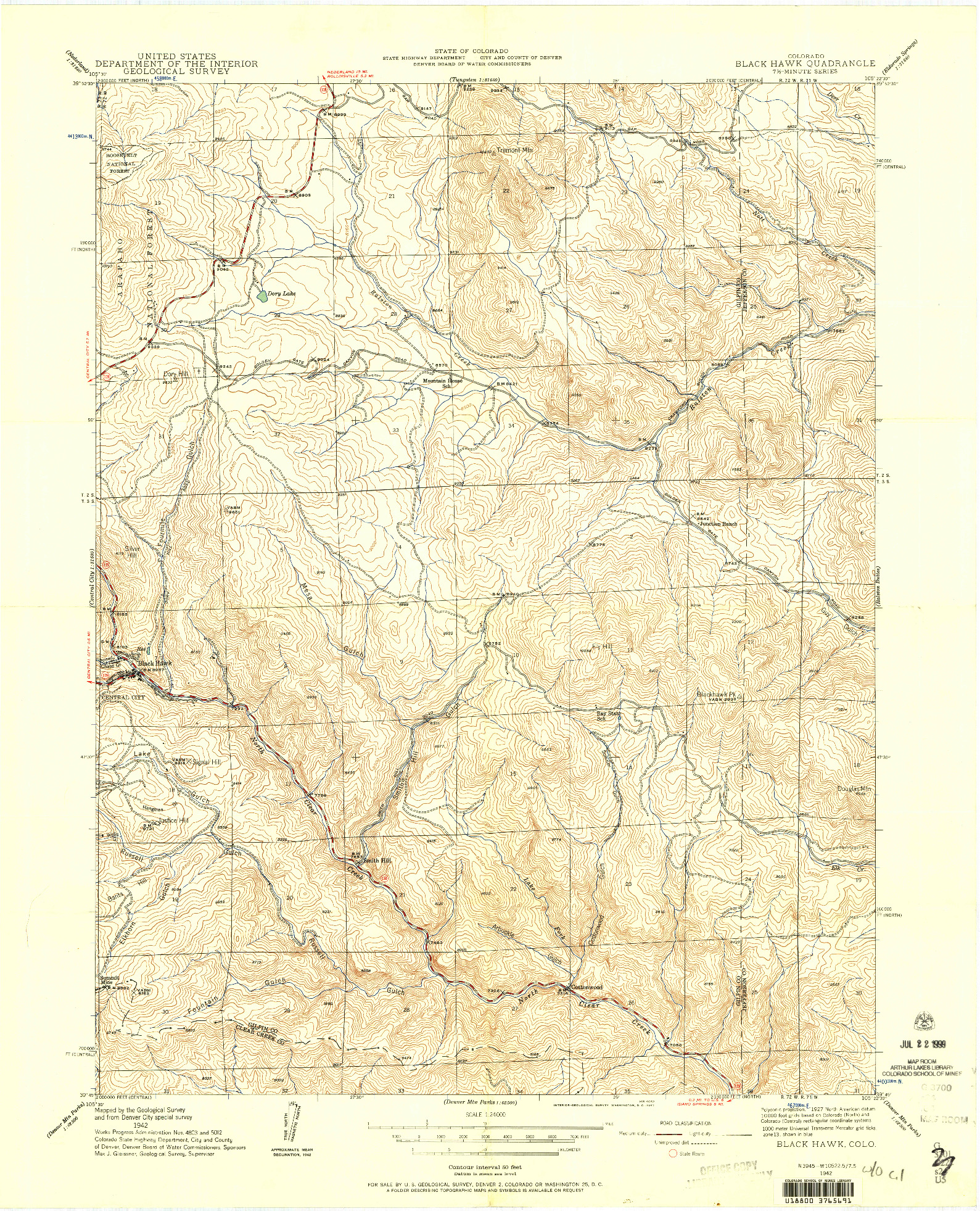 USGS 1:24000-SCALE QUADRANGLE FOR BLACK HAWK, CO 1942