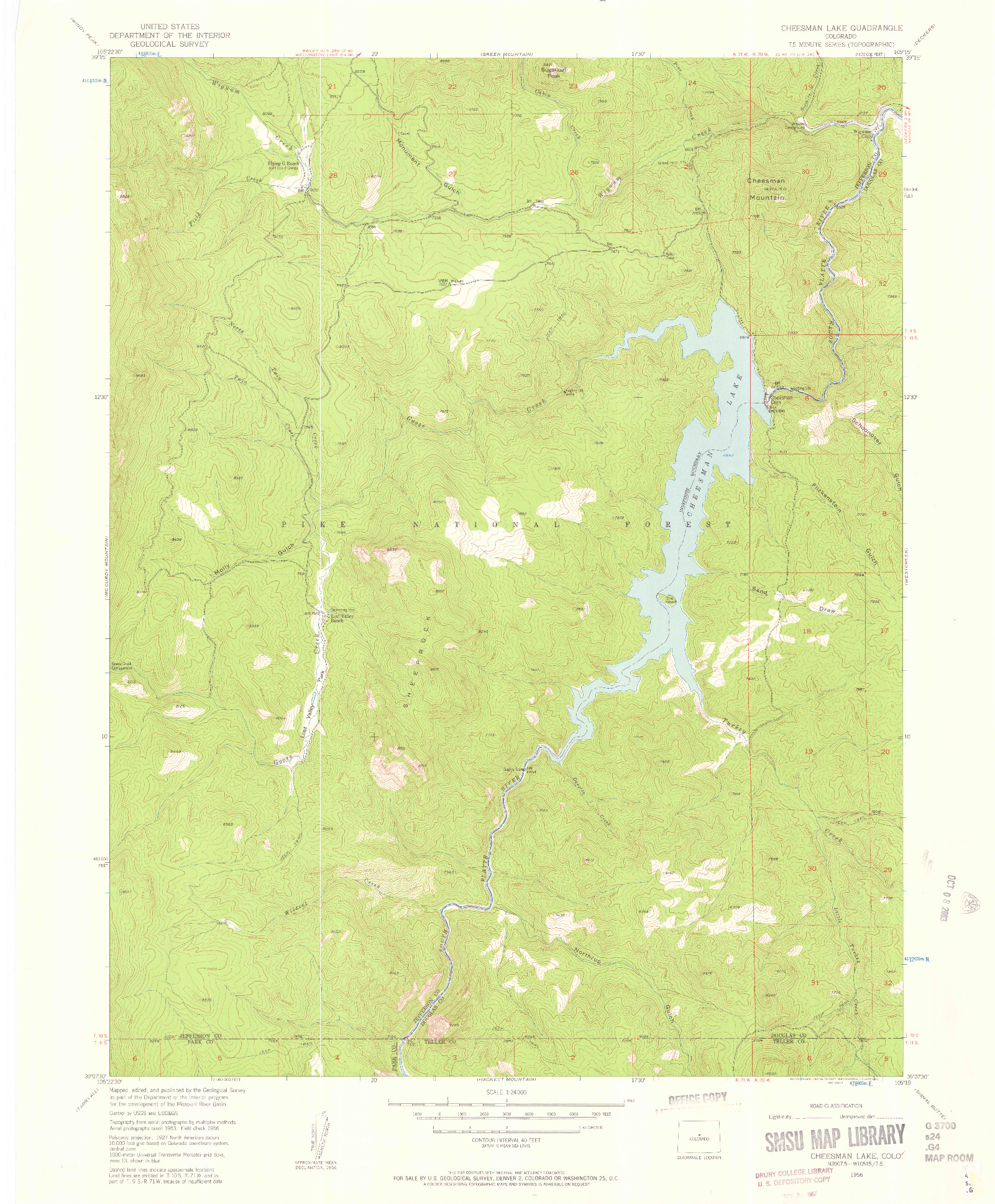 USGS 1:24000-SCALE QUADRANGLE FOR CHEESMAN LAKE, CO 1956