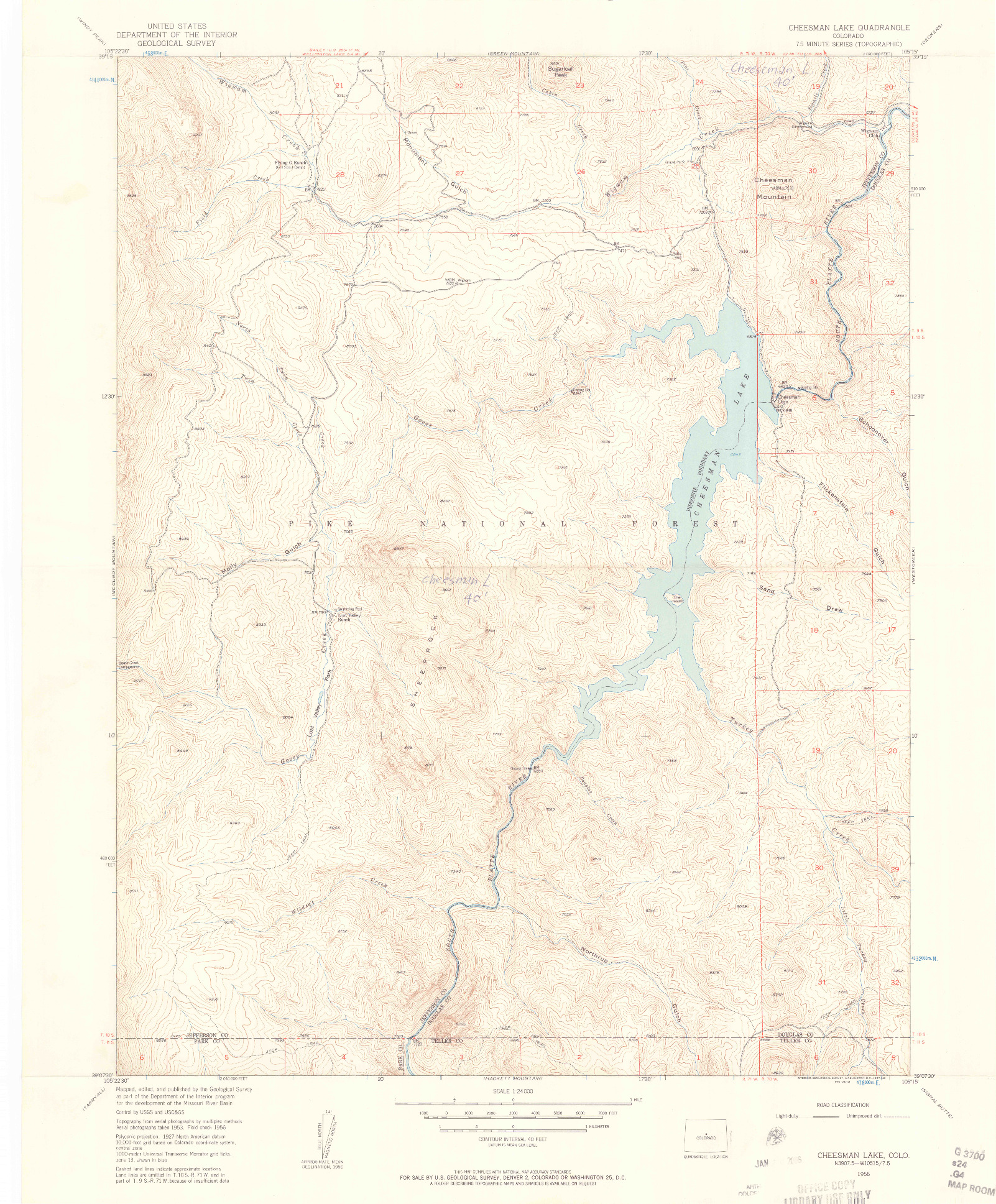 USGS 1:24000-SCALE QUADRANGLE FOR CHEESMAN LAKE, CO 1956