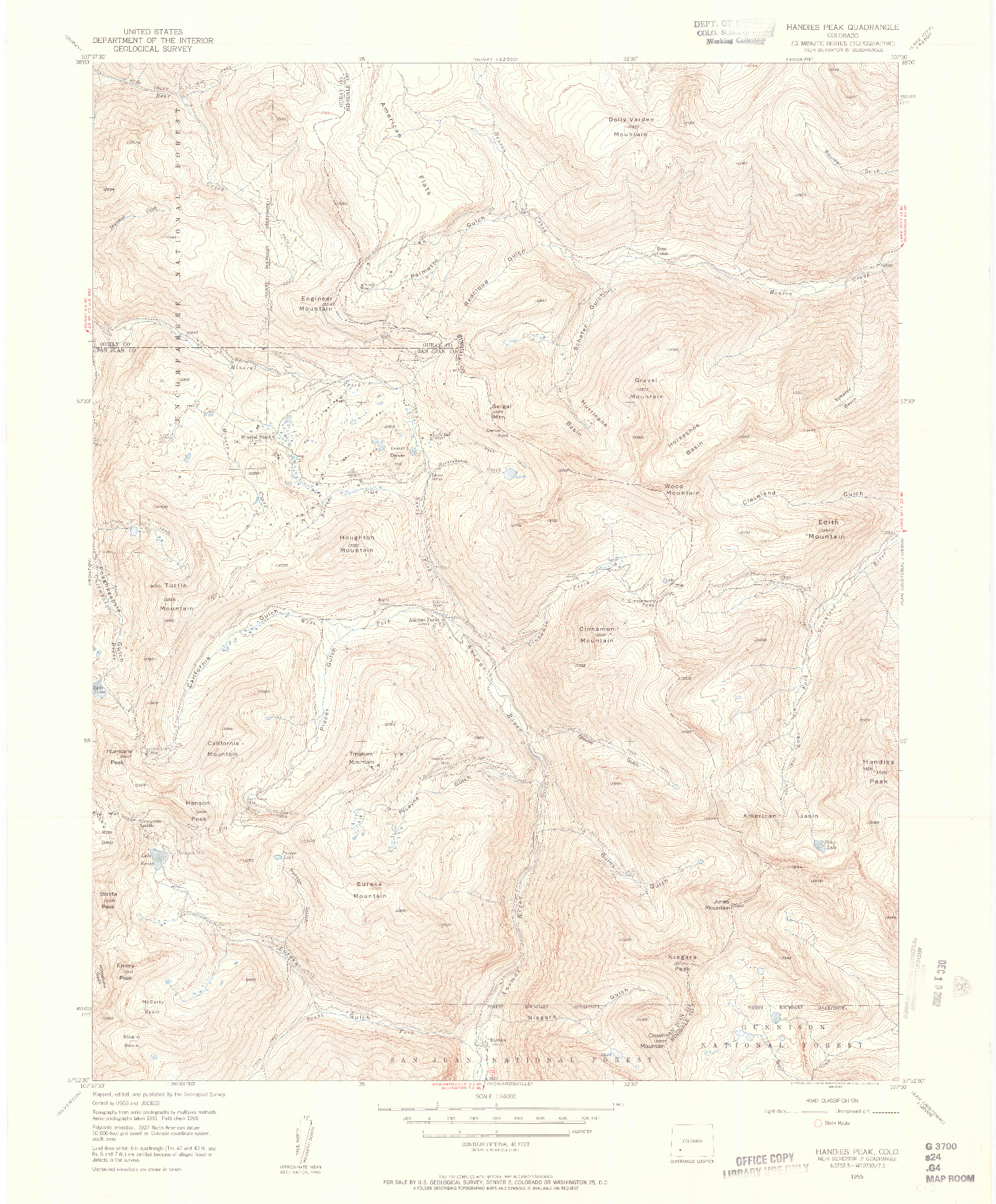 USGS 1:24000-SCALE QUADRANGLE FOR HANDIES PEAK, CO 1955