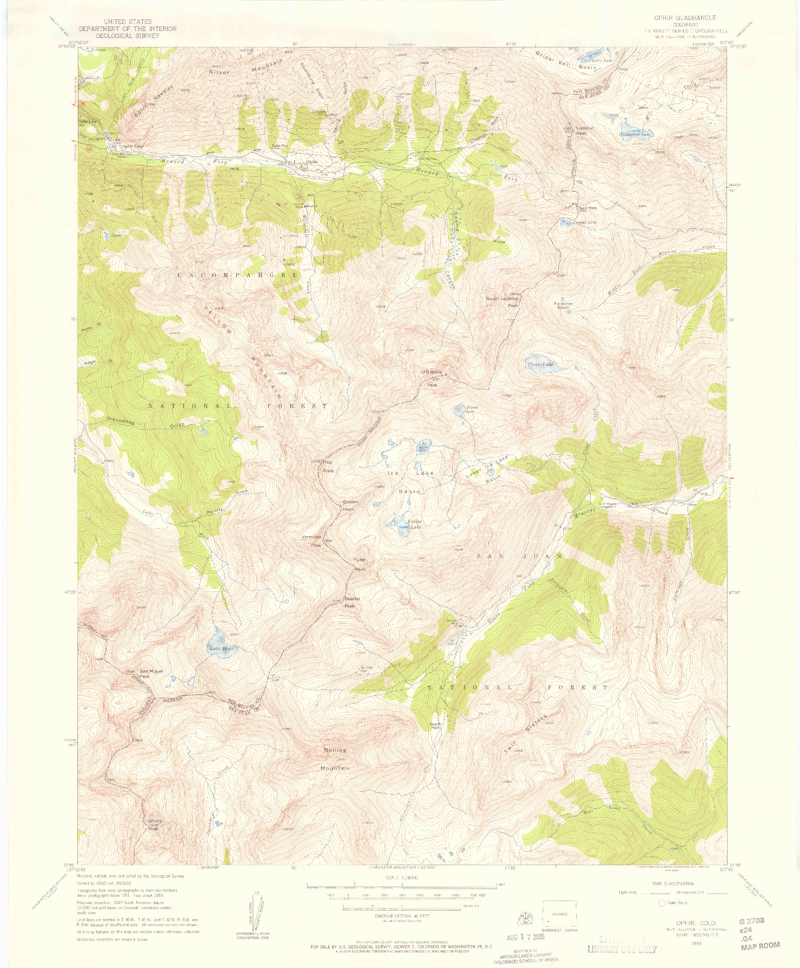 USGS 1:24000-SCALE QUADRANGLE FOR OPHIR, CO 1955