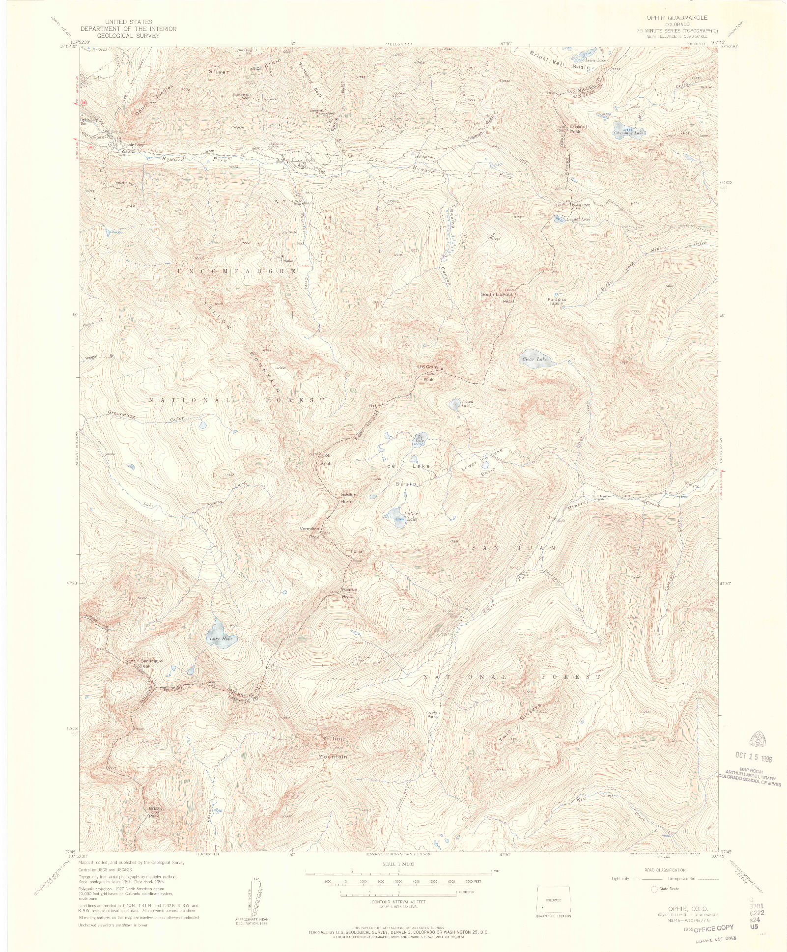 USGS 1:24000-SCALE QUADRANGLE FOR OPHIR, CO 1955