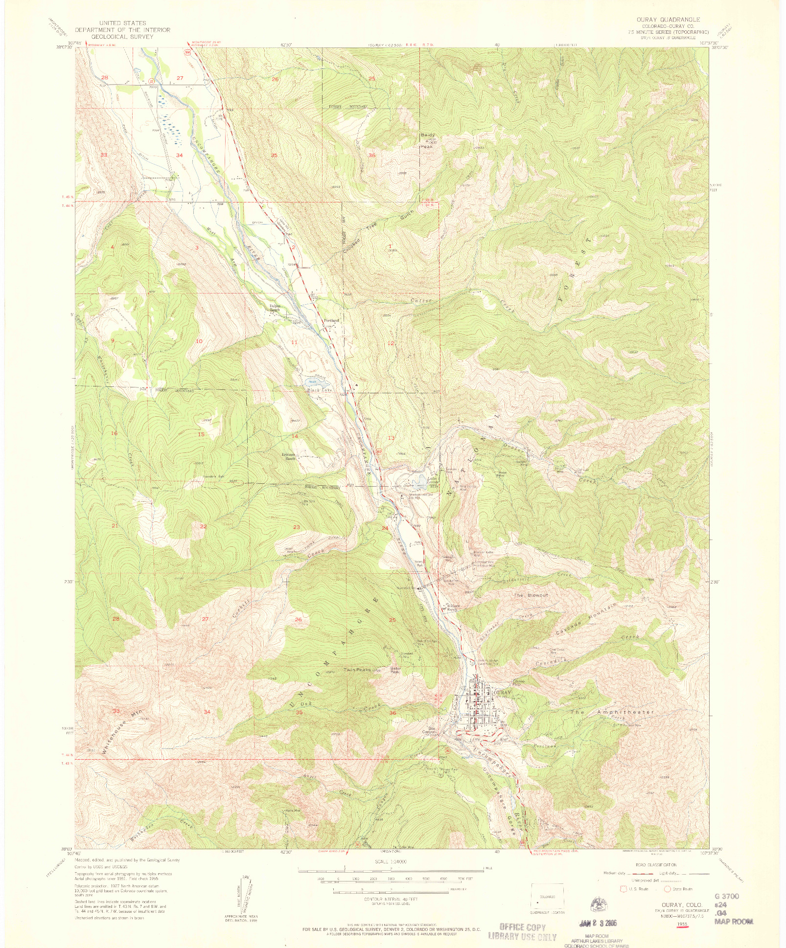 USGS 1:24000-SCALE QUADRANGLE FOR OURAY, CO 1955