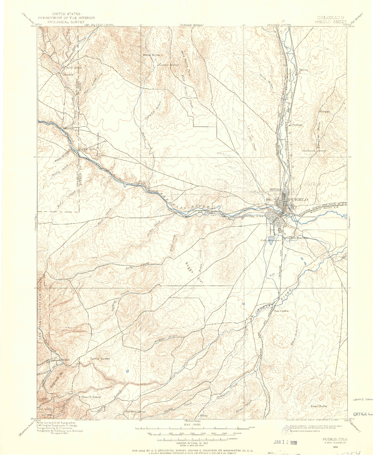 USGS 1:125000-SCALE QUADRANGLE FOR PUEBLO, CO 1894