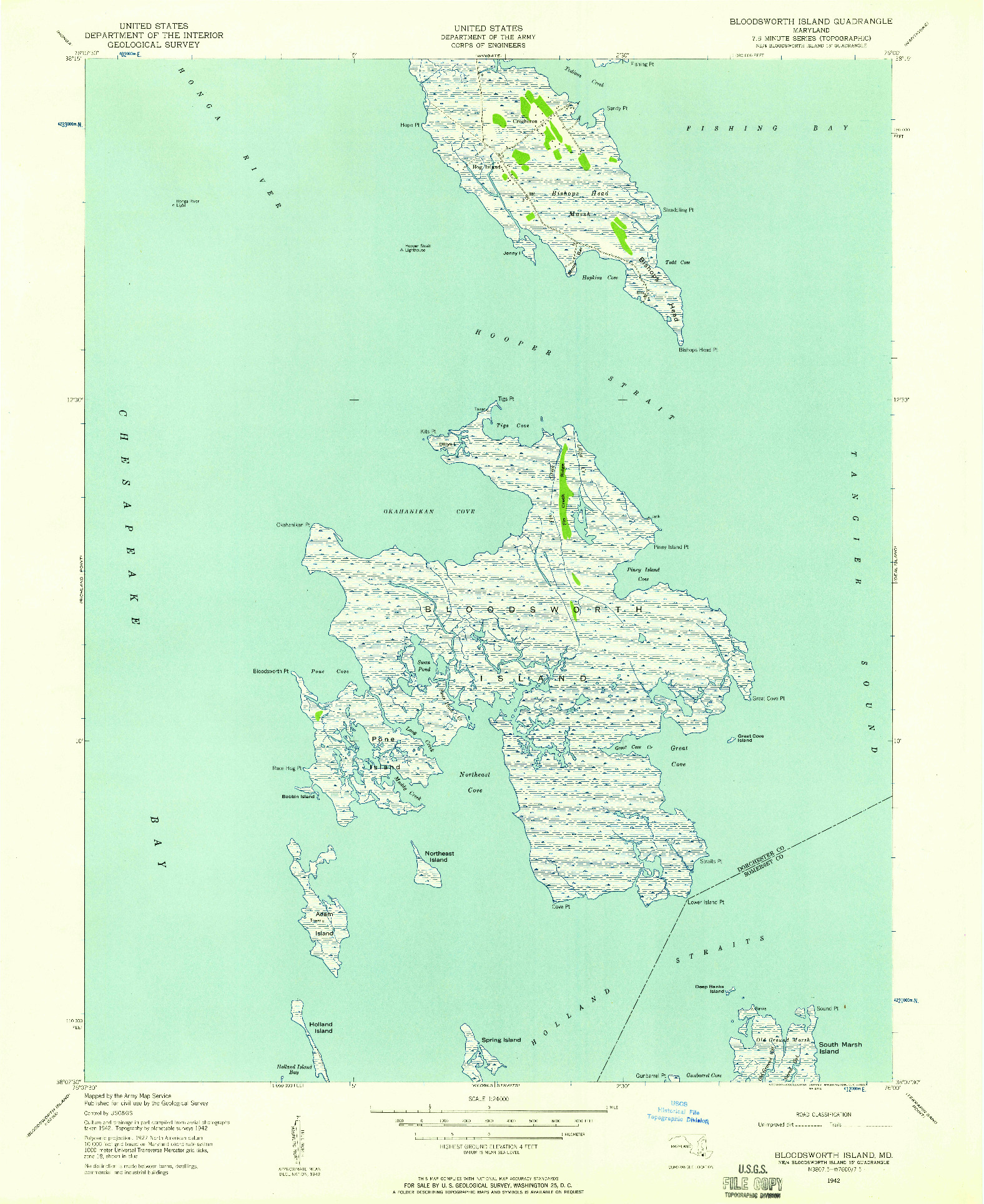 USGS 1:24000-SCALE QUADRANGLE FOR BLOODSWORTH ISLAND, MD 1942