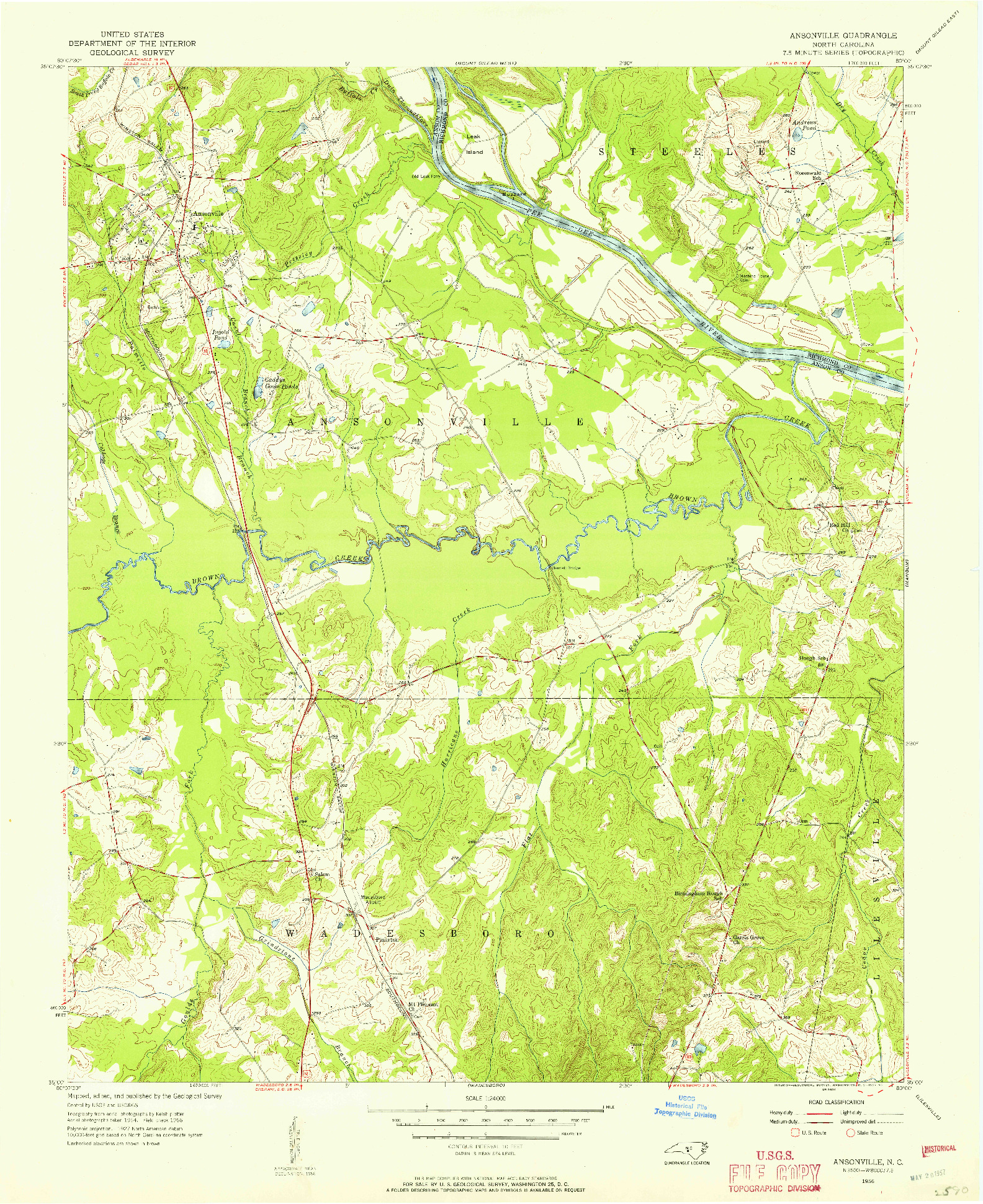 USGS 1:24000-SCALE QUADRANGLE FOR ANSONVILLE, NC 1956