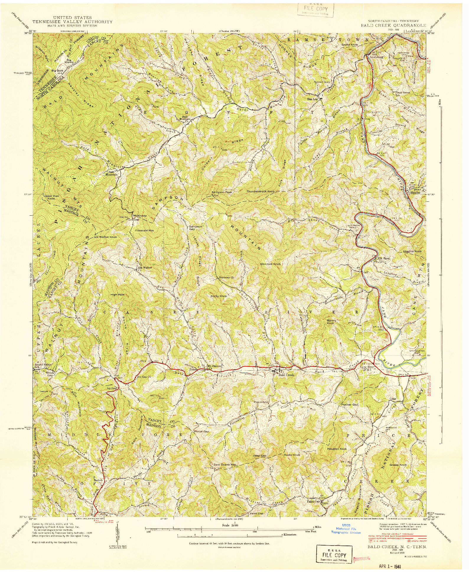 USGS 1:24000-SCALE QUADRANGLE FOR BALD CREEK, NC 1939