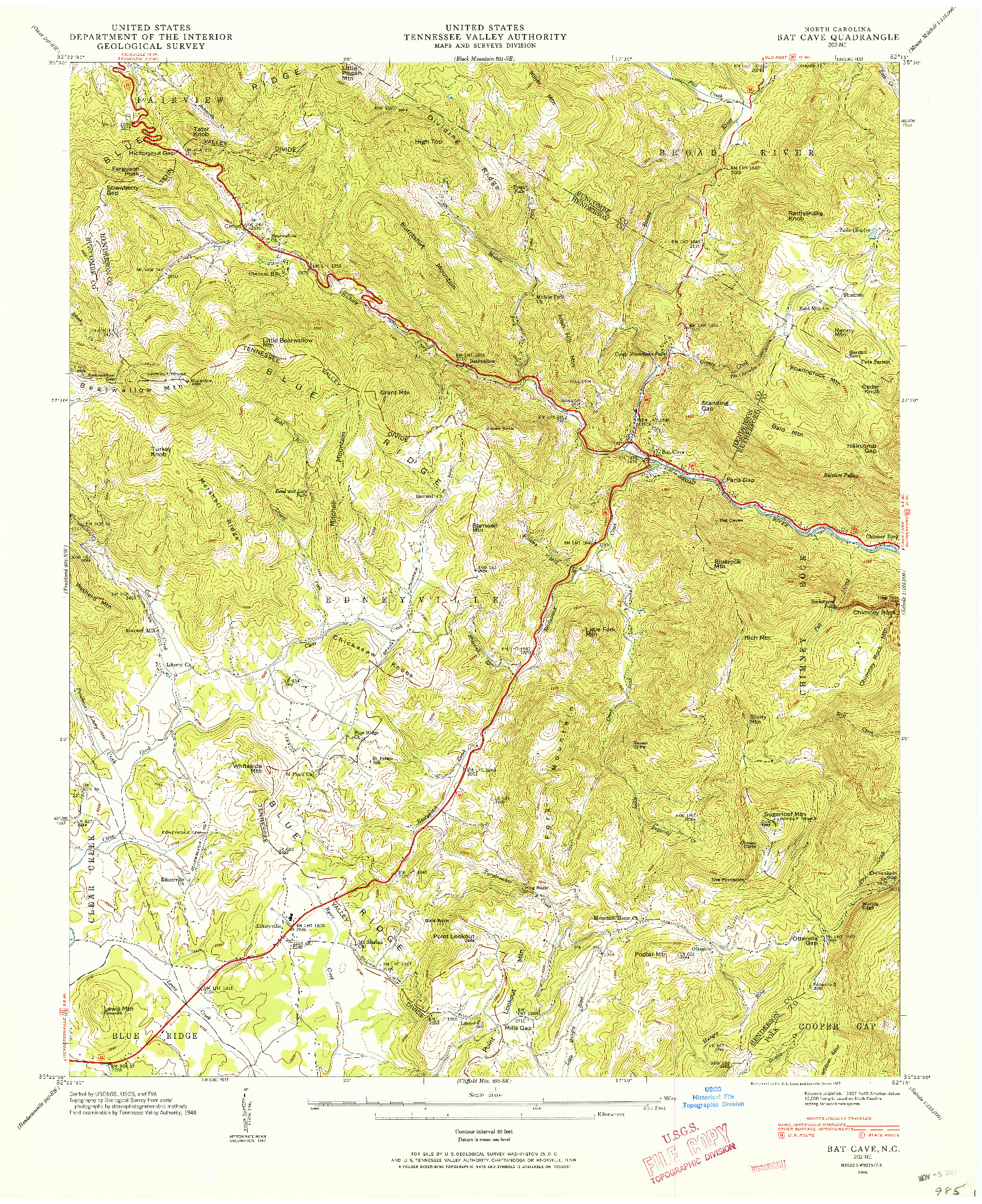 USGS 1:24000-SCALE QUADRANGLE FOR BAT CAVE, NC 1946