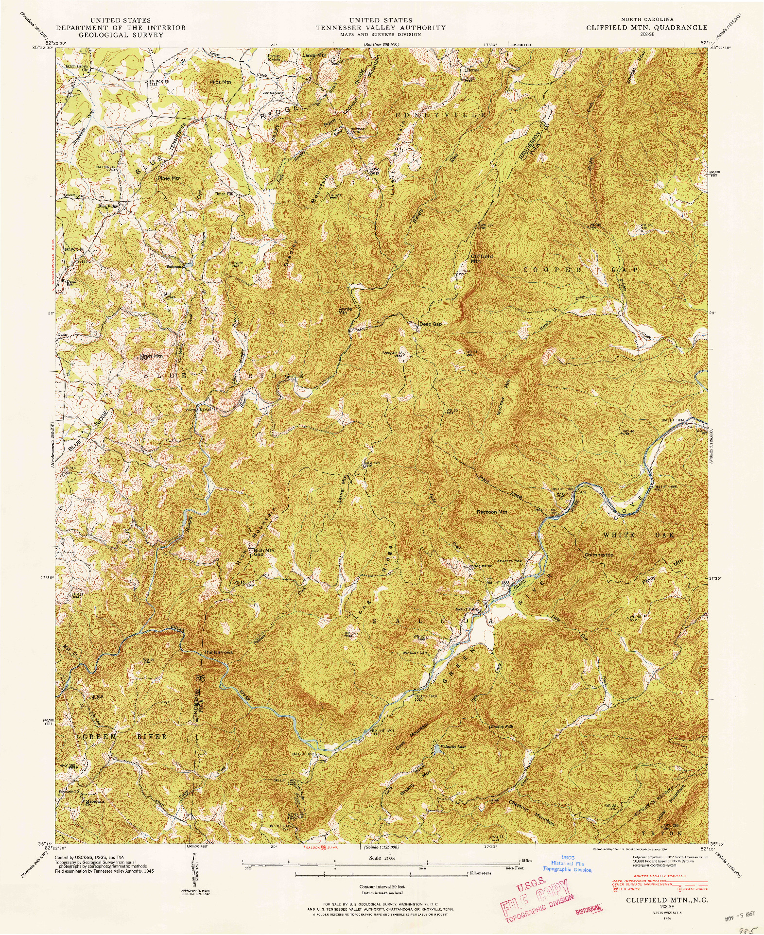 USGS 1:24000-SCALE QUADRANGLE FOR CLIFFIELD MTN, NC 1946