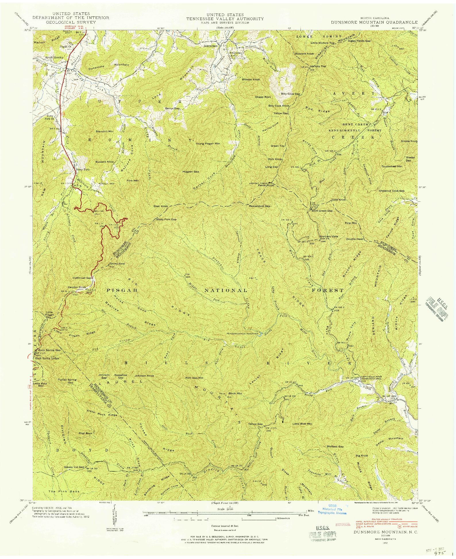 USGS 1:24000-SCALE QUADRANGLE FOR DUNSMORE MOUNTAIN, NC 1942
